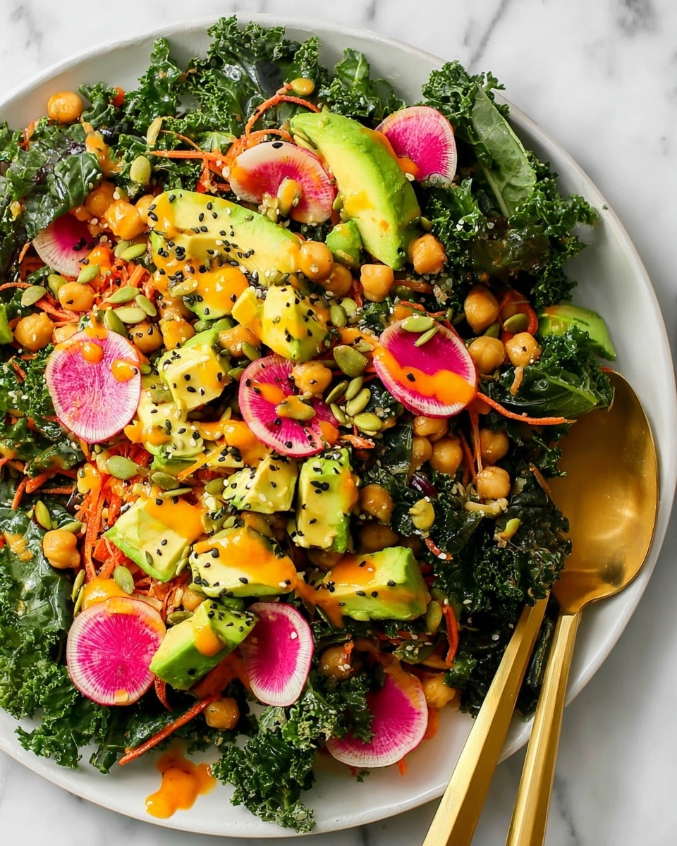 A vibrant salad is shown in a white plate set on a white marbled surface, made up of curly dark green kale as the base layer. On top, there are chunks of bright green avocado, golden brown chickpeas, thin slices of watermelon radish with pink centers and green edges, and small orange shredded carrots scattered throughout. The salad is sprinkled with white and black sesame seeds and green pumpkin seeds. A bright orange dressing is drizzled over the salad, adding a splash of color and texture. Two gold serving spoons rest on the right side of the plate. Photo taken with an iphone --ar 4:5 --v 7
