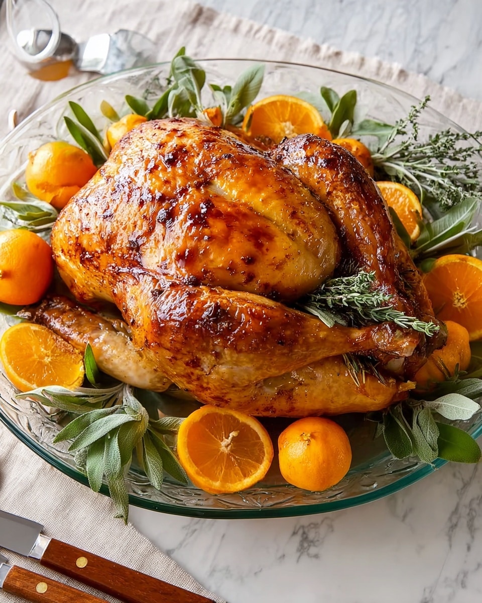 The image shows a whole golden-brown roasted bird with crispy skin, placed in the center of a clear glass round plate. Around it, there are several bright orange small oranges and orange slices, with some fresh green herbs like rosemary and sage laid underneath and around the bird, creating a fresh layered look. The plate is set on a white marbled textured surface, with a wooden-handled carving knife and fork partially visible at the bottom left corner. The scene is well-lit, highlighting the glossy skin and the vibrant colors of the fruit and herbs. photo taken with an iphone --ar 4:5 --v 7
