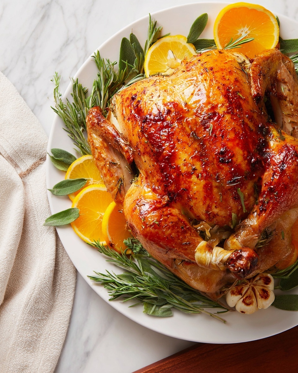 A whole roasted turkey with golden brown, crispy skin sits on a white ribbed oval platter. The turkey is centered on the platter, showing charred lines and a shiny glazed texture on the top layer. Around the turkey, bright green sprigs of rosemary and bay leaves are placed as decoration. A silver carving fork rests on the bottom left edge of the platter. The platter is on a white marbled surface. Photo taken with an iphone --ar 4:5 --v 7