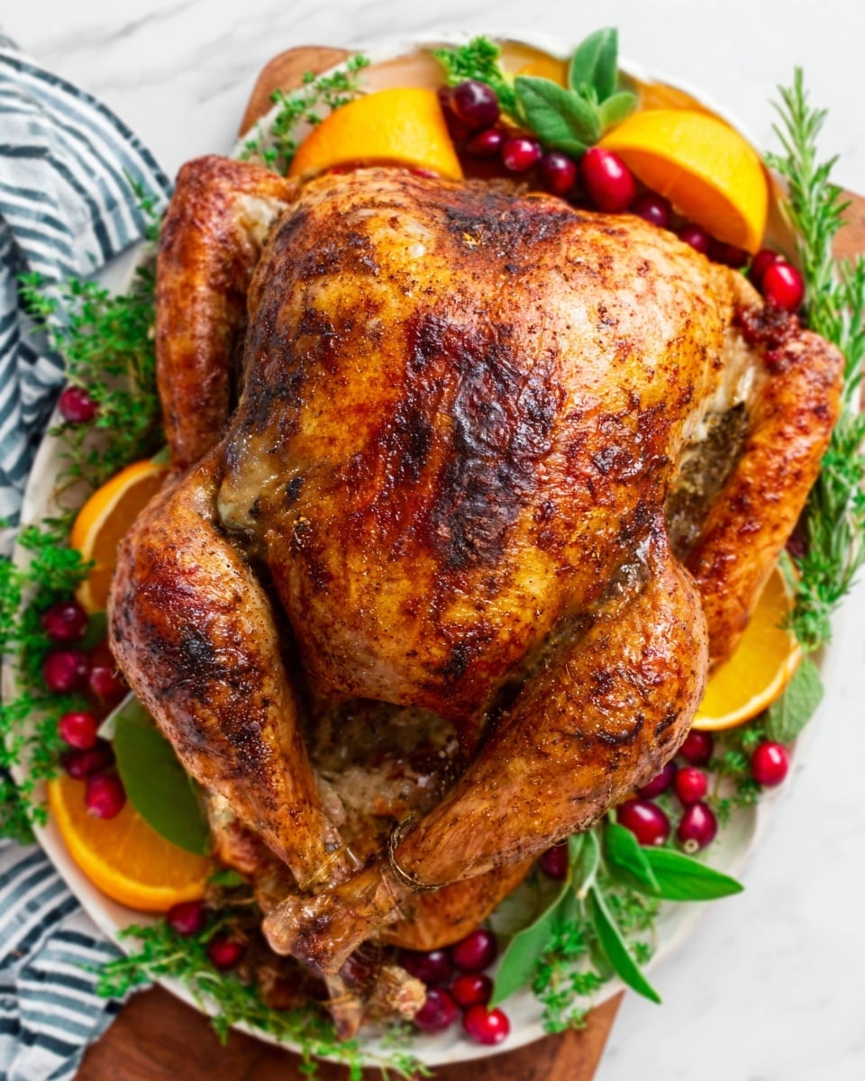 A whole roasted chicken with a crispy, deep golden-brown skin sits in the center of a white plate. The chicken is surrounded by bright green herbs, orange slices, and red cranberries, creating a colorful border around it. The bird's legs and wings are tucked in neatly, and the texture of the roasted skin looks slightly shiny and seasoned. The white plate rests on a white marbled surface with a striped cloth partially visible in the background. Photo taken with an iphone --ar 4:5 --v 7