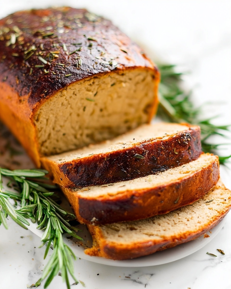 A dark brown, seasoned loaf rests on a bed of fresh green rosemary sprigs on a white plate. The loaf has a slightly crispy outer layer with visible herbs sprinkled on top and to its sides. Four thick, even slices of the loaf are placed neatly next to it, showing a lighter brown inside with a smooth texture. The plate sits on a white marbled surface, giving a clean and bright background. Photo taken with an iphone --ar 4:5 --v 7