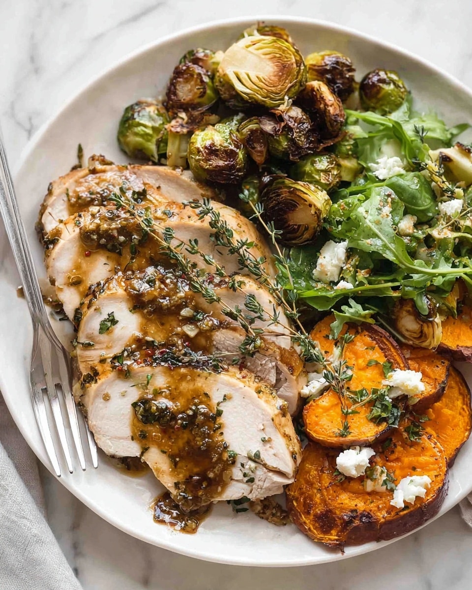 The image shows a white plate with a meal arranged in three parts. On the left side, there are three slices of cooked white meat with a brown herb sauce drizzled on top and some green thyme sprigs for garnish. Above the meat is a small pile of browned Brussels sprouts, some with charred edges. On the right side of the plate, there are roasted sweet potato slices with a bright orange color, mixed with green leafy arugula and sprinkled with small white cheese bits. A silver fork rests on the left edge of the plate. The background is a white marbled surface. photo taken with an iphone --ar 4:5 --v 7