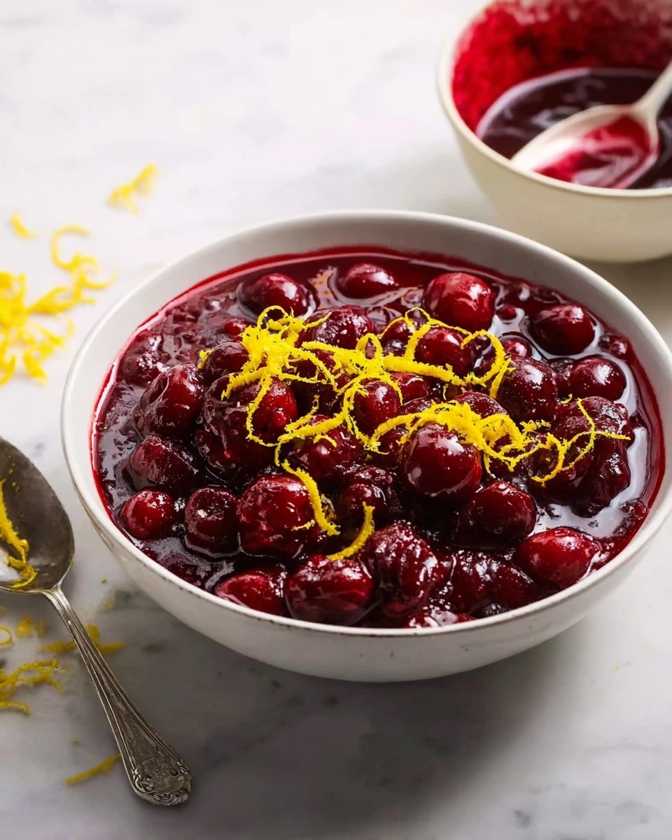 A white bowl filled with a deep red mixture of whole and slightly crushed cranberries in a thick sauce, topped with bright yellow thin strips of lemon peel scattered across the surface. A silver spoon is partially submerged in the mixture on the left side of the bowl. The bowl sits on a white marbled surface with some scattered yellow lemon zest near the upper right corner. Photo taken with an iphone --ar 4:5 --v 7