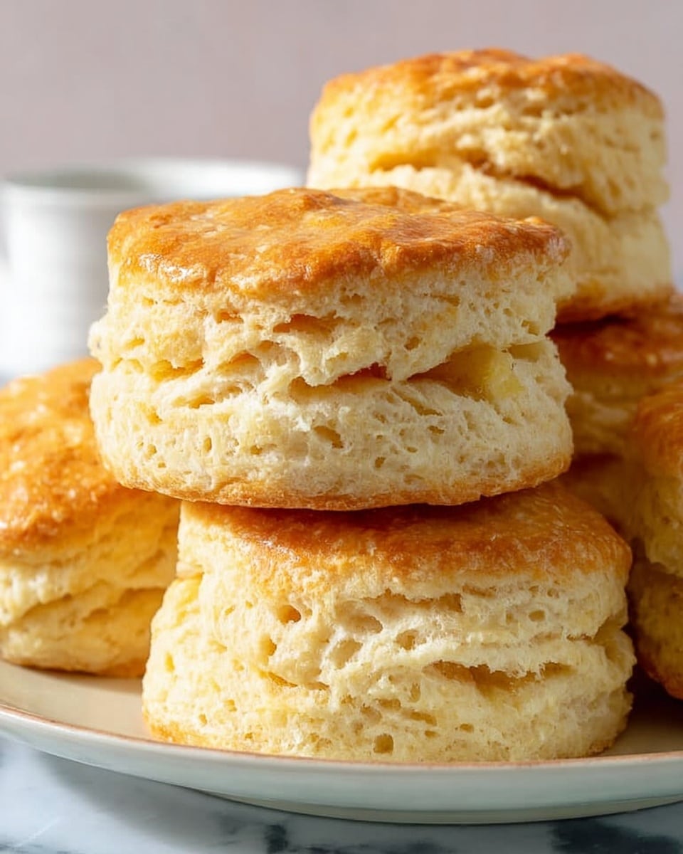A stack of seven golden brown biscuits with a soft and fluffy texture, showing distinct layers inside. The biscuits are round and one is triangular, and they are arranged in a small pile on a white plate. The plate sits on a white marbled surface with a cloth underneath. In the background, there is a glass dish with a block of butter. photo taken with an iphone --ar 4:5 --v 7