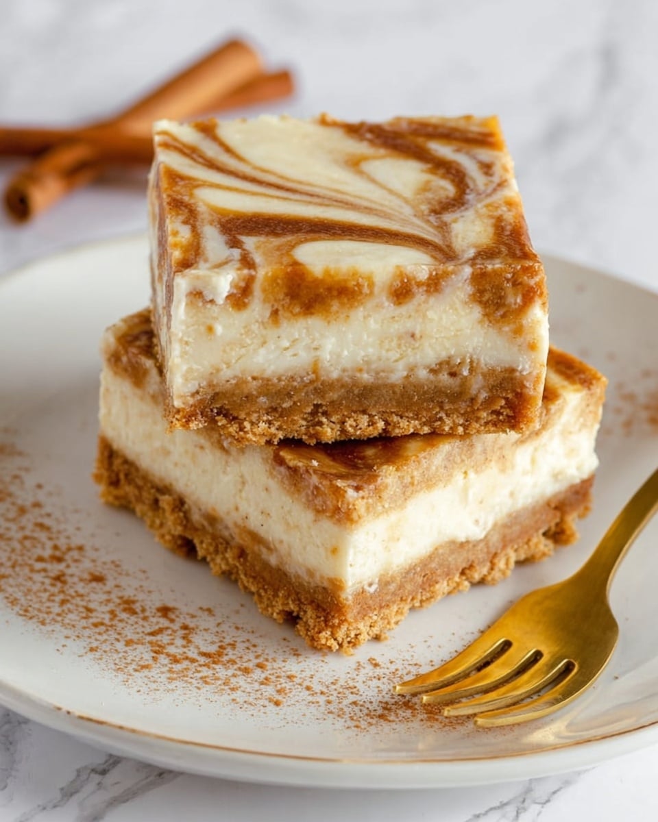 Two square layered dessert bars are stacked on a white plate with a crumbly base and a creamy middle layer. The top layer has a swirled pattern in light brown and white, creating a marbled effect. The base is crumbly with a rough texture and a light brown color. A golden fork lies on the plate near the dessert, and a cinnamon stick is placed nearby on a white marbled surface. Photo taken with an iphone --ar 4:5 --v 7