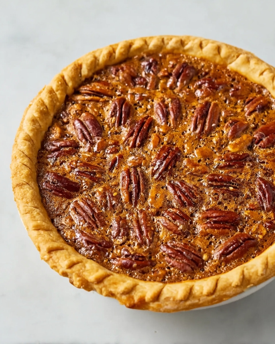 A whole pecan pie is shown from above, featuring a thick golden-brown crust with a crimped edge. The filling is rich and textured, covered with a glossy layer of toasted pecan halves arranged closely together, creating a bumpy surface with dark brown and reddish tones. The pie rests on a white marbled surface, highlighting its warm colors. photo taken with an iphone --ar 4:5 --v 7