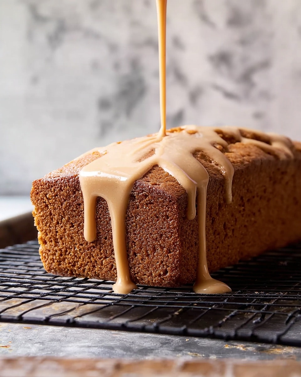 A thick rectangular brown cake with a rough textured surface rests on a black cooling rack above a baking tray. Light tan icing is being poured from the top right, flowing down the cake’s front side in thick streams, slowly covering part of the cake with a smooth and shiny layer. The background is a white marbled texture. Photo taken with an iphone --ar 4:5 --v 7