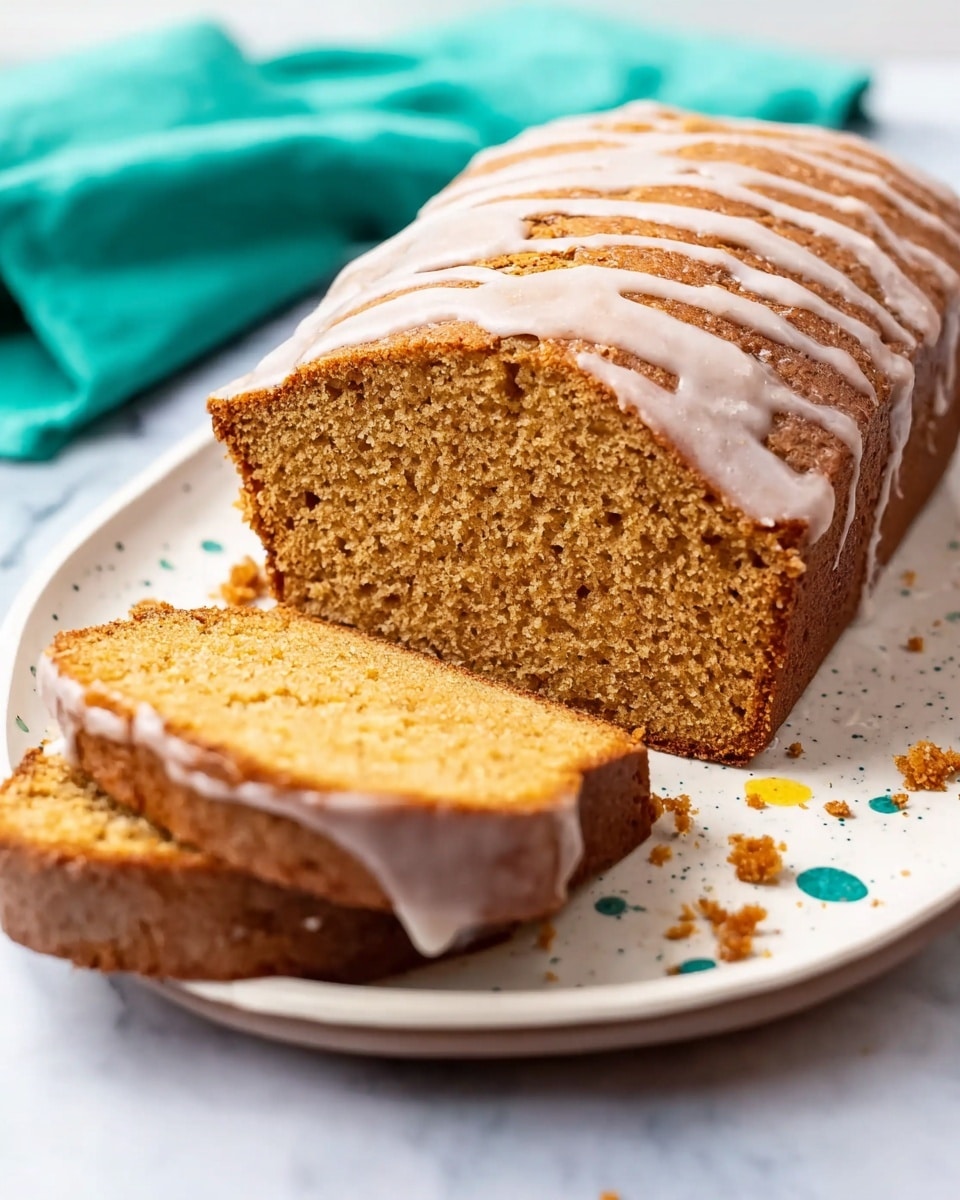 A loaf of brown cake with a light glaze drizzle on top sits on a white plate with small blue and yellow speckles. The cake is partly sliced, showing a soft, moist inside texture with a golden-brown color. Crumbs are scattered around the loaf and the slice. A turquoise cloth is partially visible in the background on a white marbled surface. Photo taken with an iphone --ar 4:5 --v 7