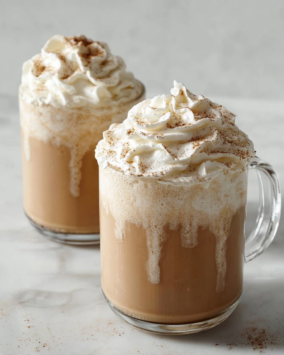 Two clear glass mugs sit side by side on a white marbled surface, each filled with a light brown creamy drink. Each drink is topped with a thick, fluffy layer of white whipped cream that is softly swirled in a circular pattern, with a light dusting of cinnamon powder on top. The creamy drink slightly drips down the sides of the mugs, adding texture and detail. The scene is bright and clean, focused closely on the mugs. photo taken with an iphone --ar 4:5 --v 7