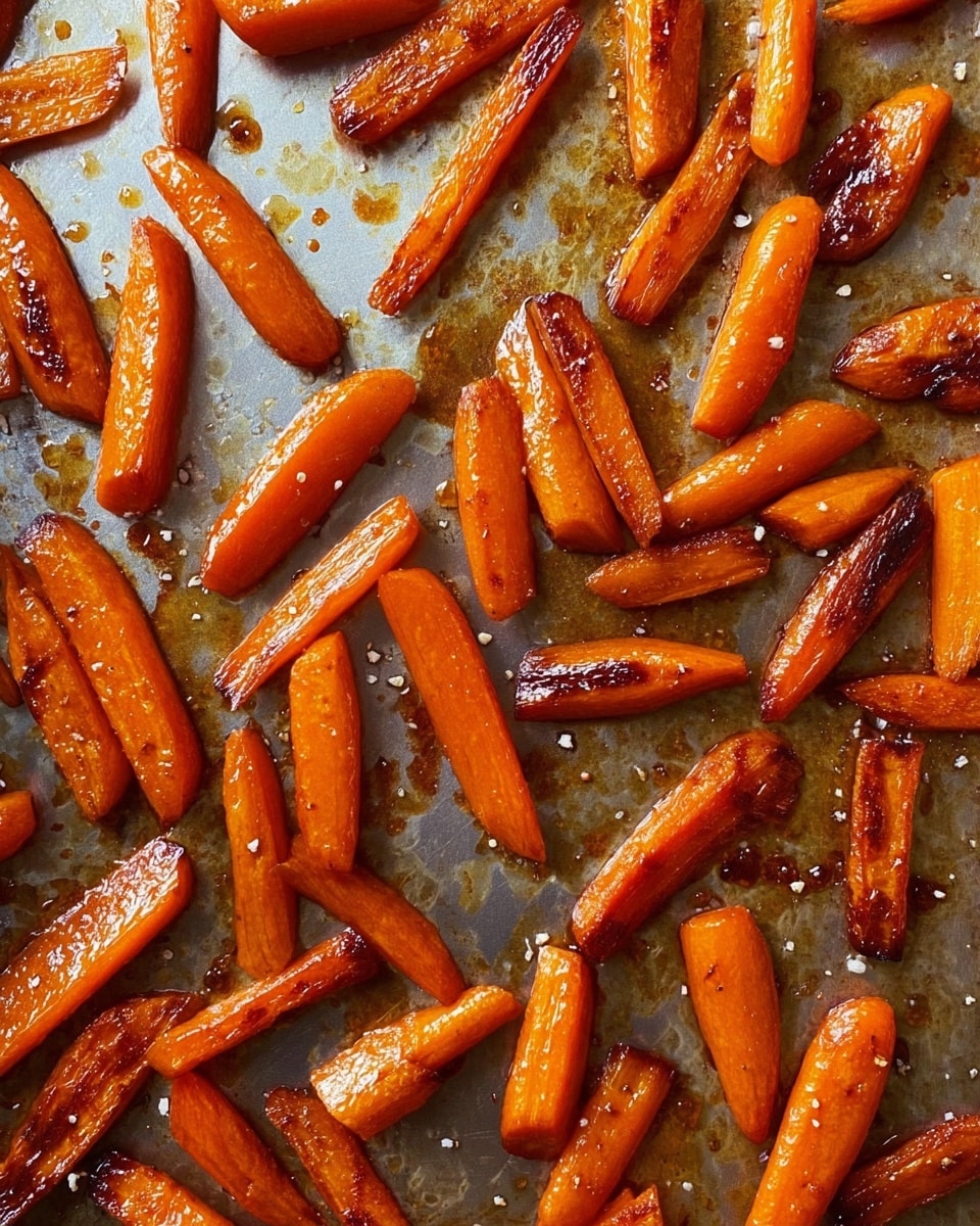 The image shows many orange roasted carrot pieces on a metal baking tray. Each carrot is cut into long chunks with some edges darker and caramelized, giving a shiny, glazed look. The tray has light brown baked marks and some small salt crystals scattered around. The carrots are arranged randomly, filling most of the frame, showing a mix of smooth and slightly wrinkled textures with a warm, rich orange color and subtle reflections on the surface. Photo taken with an iphone --ar 4:5 --v 7