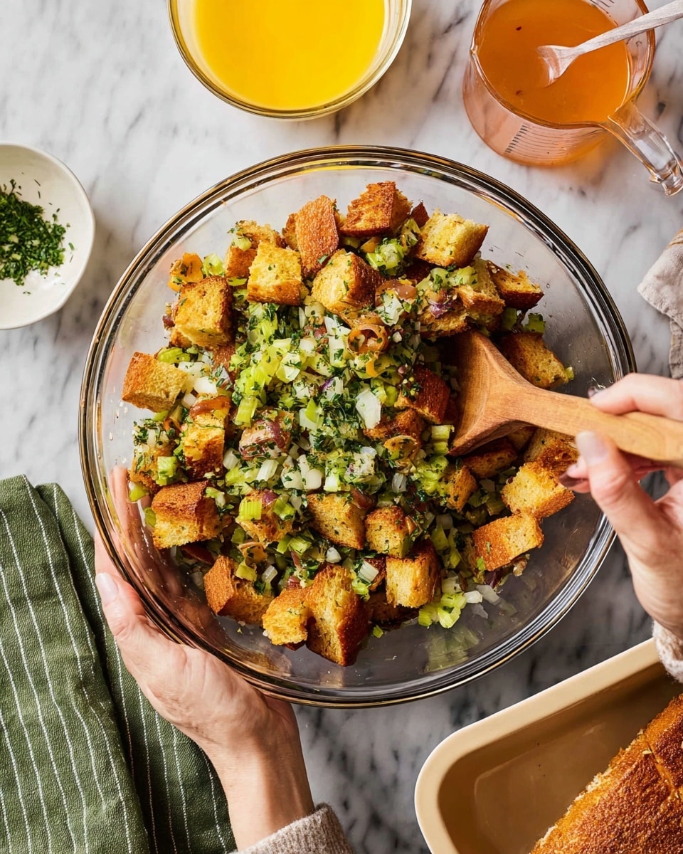 A clear glass bowl holds a mixture with three visible layers: at the bottom, green celery pieces mixed with herbs; in the middle, golden brown toasted cornbread cubes; and on top, finely chopped onions and more green herbs scattered throughout. A woman's hand is stirring the ingredients with a wooden spoon while another woman's hand steadies the bowl from the side. The bowl sits on a white marbled surface with a green and white striped cloth partially under the bowl, and nearby there is a white bowl with a yellow liquid and a clear measuring cup with an orange liquid. Photo taken with an iphone --ar 4:5 --v 7