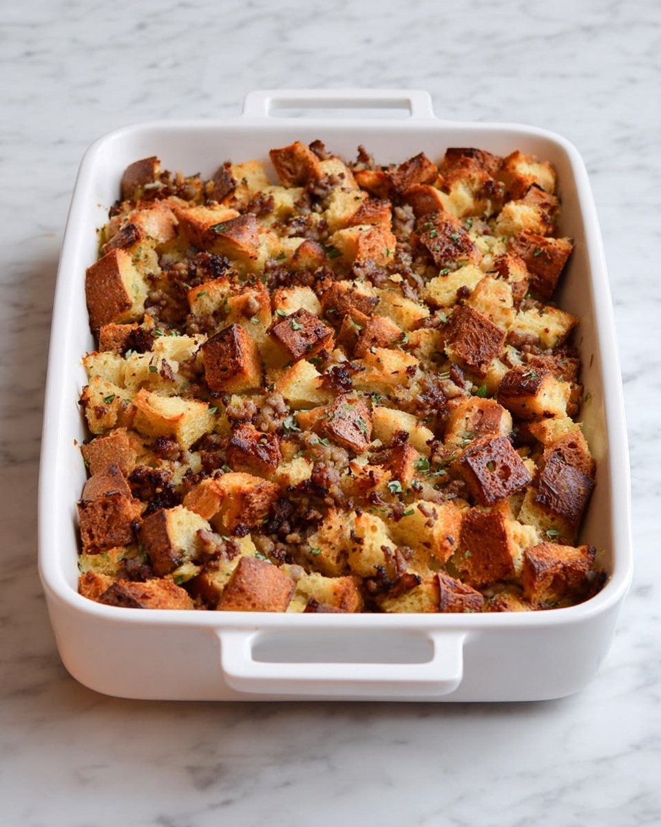 A white rectangular dish filled with one thick layer of baked stuffing made from roughly chopped bread pieces mixed with small bits of herbs and dark browned sausage chunks. The stuffing has a golden brown crispy top with varied textures, including soft, moist bread inside and crunchy edges. The dish is set on a white marbled surface. photo taken with an iphone --ar 4:5 --v 7