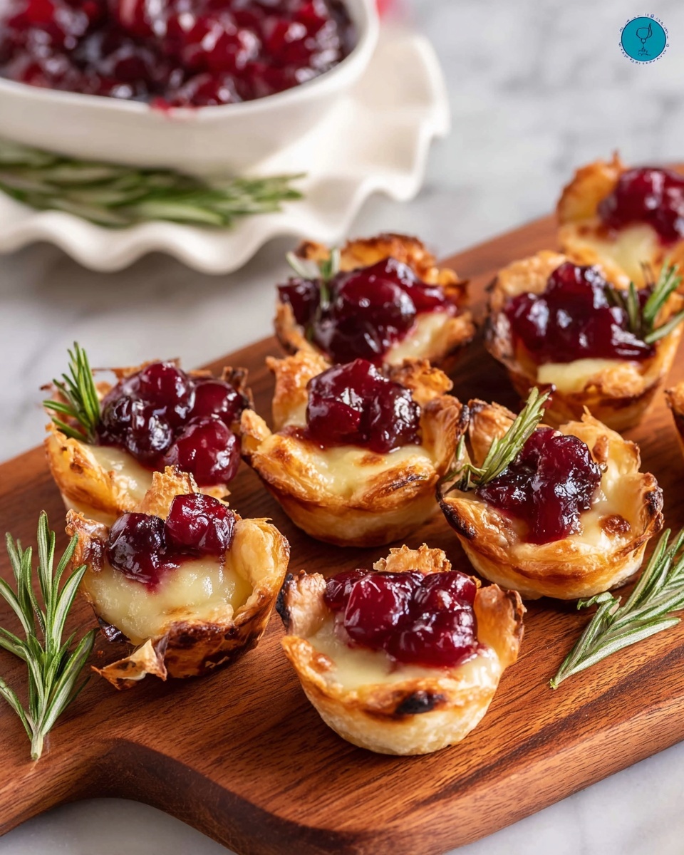The image shows a wooden board with nine small puff pastry cups arranged casually. Each pastry cup has a golden-brown crispy outer layer, filled with melted creamy white cheese, topped with bright red cranberry sauce that looks chunky and glossy. Some cups are garnished with small sprigs of fresh green rosemary, adding a touch of color and texture. Behind the pastries, there is a white bowl filled with more cranberry sauce, and above it, part of a white cake stand is visible holding more pastry cups. The setup is on a white marbled textured surface. photo taken with an iphone --ar 4:5 --v 7