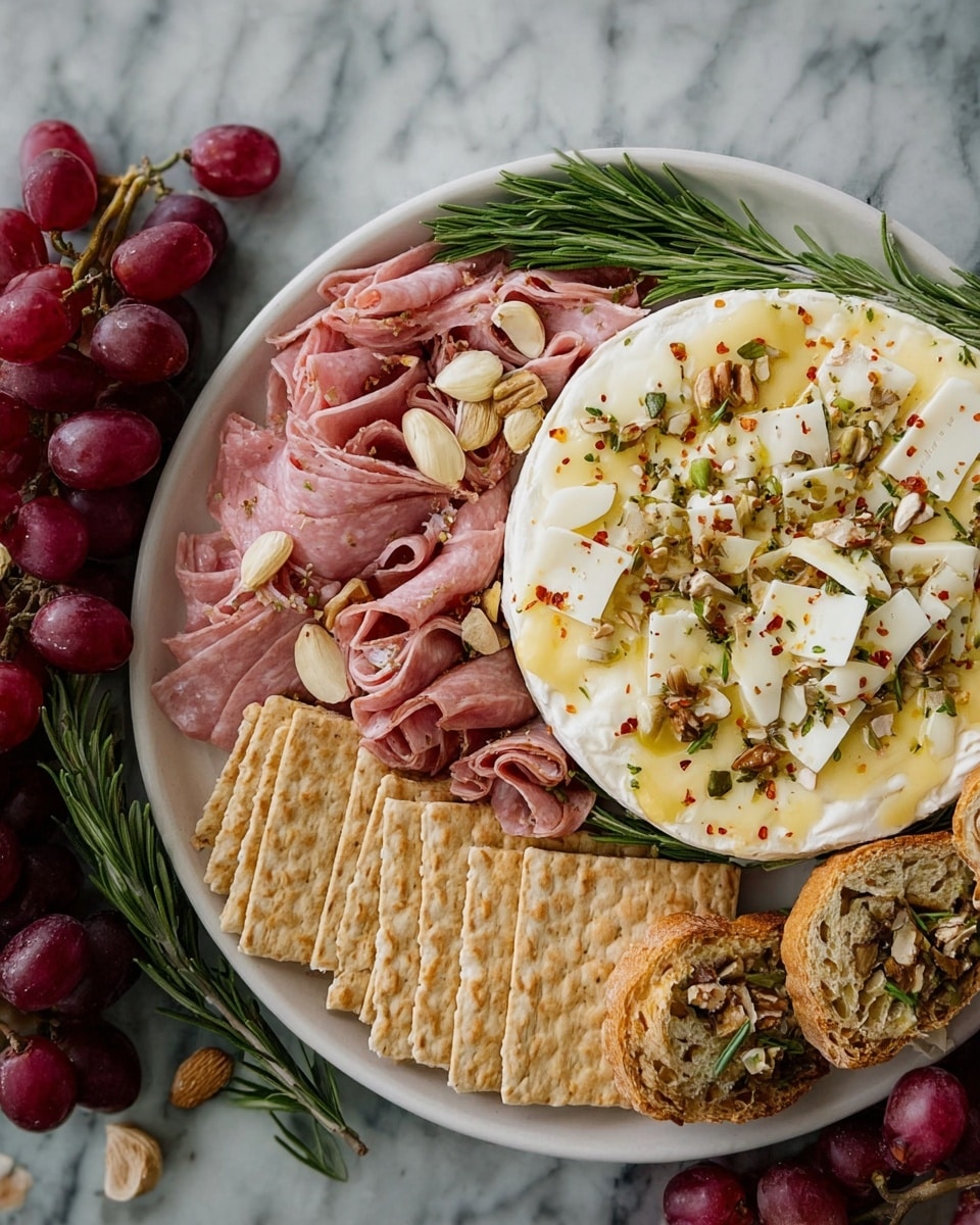 A white round plate placed on a white marbled surface holds a variety of food items arranged in a layered manner. On the left side, there are multiple slices of light brown crusty bread stacked vertically. Next to the bread, a bunch of red grapes spills onto the plate. To the right, there is a pile of folded pink salami slices leaning slightly, with small white pickled garlic cloves scattered on top. In the center-right section, there is a layer of melted creamy cheese topped with small square pieces of white soft cheese sprinkled with green herbs, crushed nuts, and red chili flakes. Below the cheese, a small stack of square whole-grain crackers is neatly arranged. A sprig of fresh green rosemary is placed along the right edge of the plate. Photo taken with an iphone --ar 4:5 --v 7