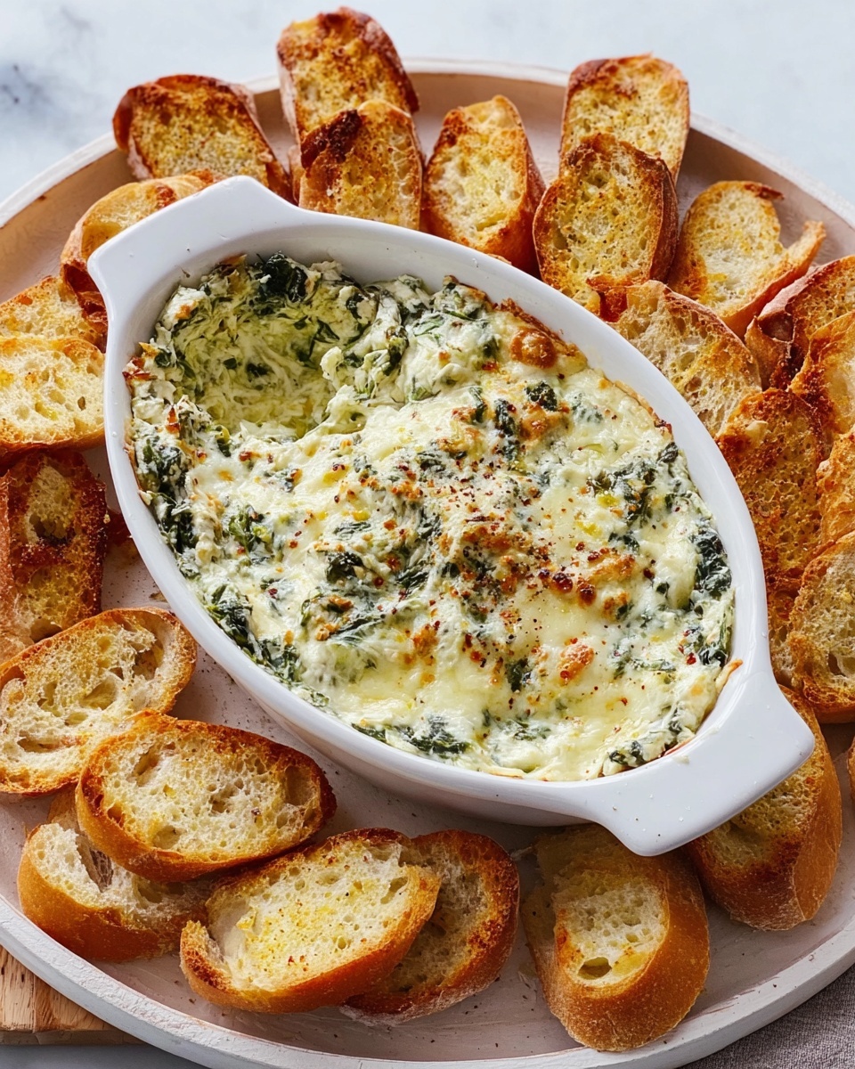 The image shows a white oval baking dish filled with a hot spinach and cheese dip that is golden brown and bubbly on top with some melted cheese spots that are slightly browned. The dip has visible green spinach pieces mixed evenly under the melted cheesy top layer. The dish is placed on a white marbled surface and is surrounded by many thin toasted bread slices that are golden with a crispy texture and some black pepper sprinkled on them. The toasted bread slices are spread around the baking dish in a casual way. Photo taken with an iphone --ar 4:5 --v 7