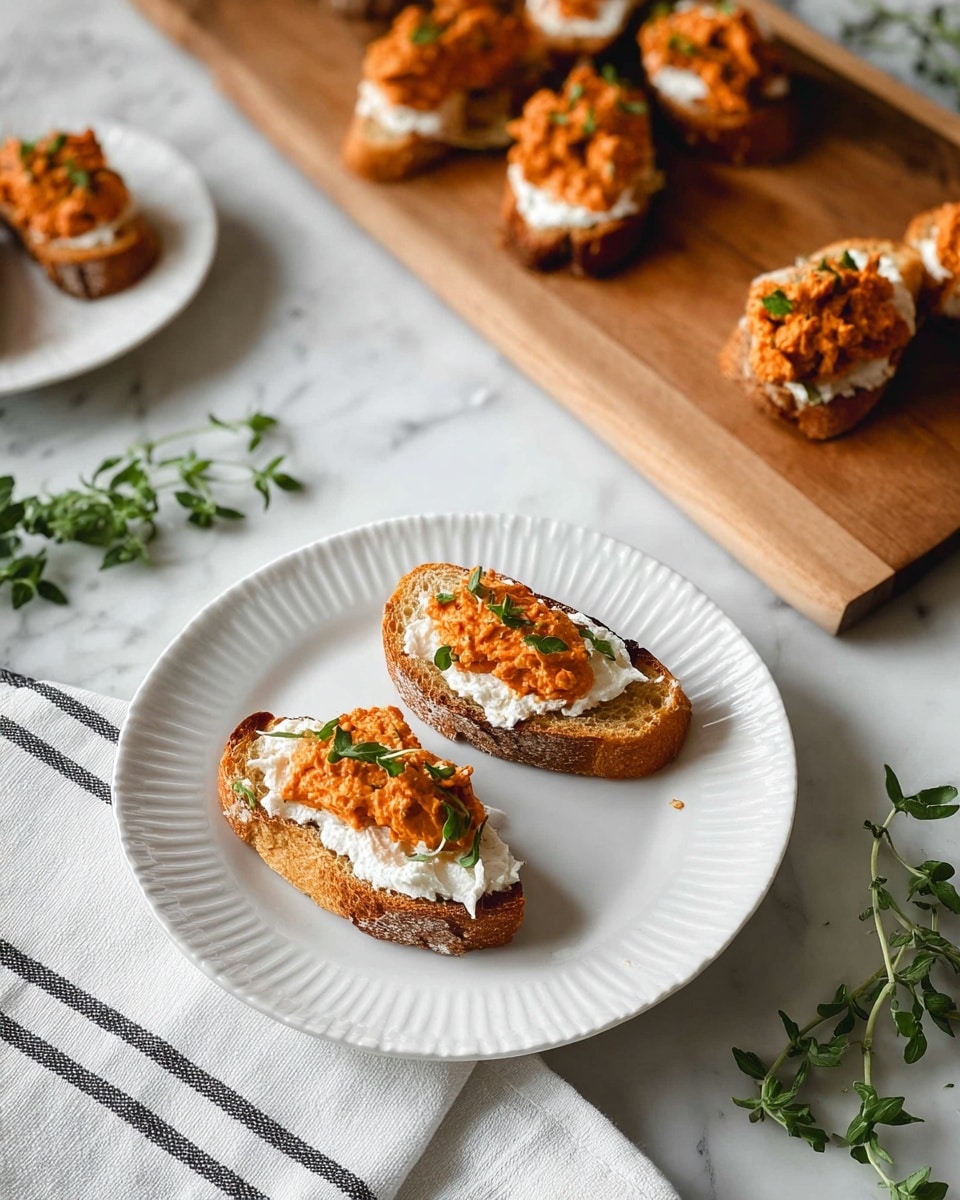 The image shows small toasted slices of bread, each with two layers: a creamy white spread as the first layer, topped with an orange mashed mixture garnished with small green herb leaves, placed on a round gray plate and a wooden board on a white marbled surface. The toasted bread is golden with some darker edges and has a rough texture. The creamy spread looks smooth and thick, while the orange topping has a slightly chunky texture. Sprigs of fresh green herbs lay beside the food, and a white cloth with black stripes is placed near the plate. Photo taken with an iphone --ar 4:5 --v 7