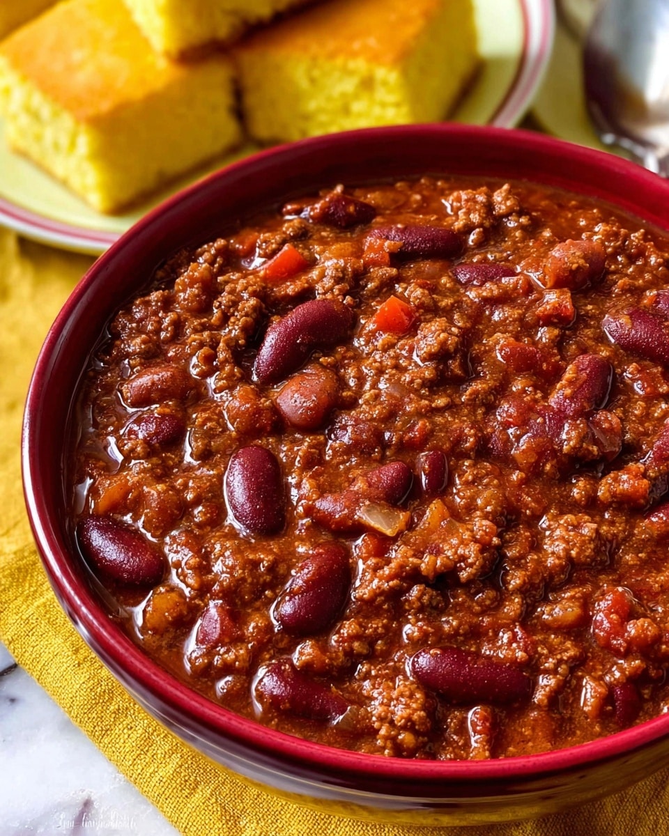 A close-up of a large white bowl filled with thick chili, showing two layers: the first layer is a rich, dark red sauce with visible chunks of cooked ground meat and kidney beans, and the second layer is a glossy finish of the sauce that covers the top and gives a shiny texture. In the background, there are two pieces of light yellow cornbread with a soft crumb texture, resting on a white marbled surface. A woman's hand holding a spoon is partially visible inside the bowl, ready to scoop. The image is bright with warm, inviting colors. photo taken with an iphone --ar 4:5 --v 7