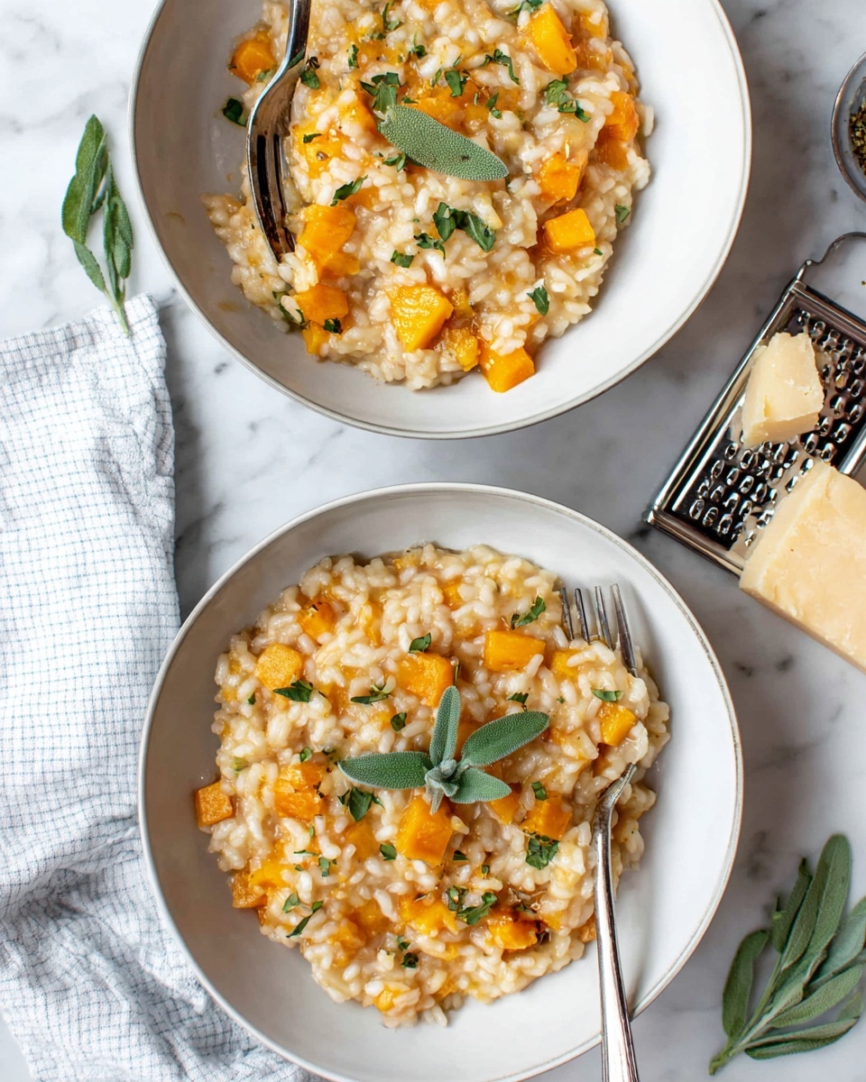 A creamy risotto dish is served on a white plate, featuring soft, plump grains of rice mixed with bright orange cubes of squash evenly spread throughout. On top, small fresh green sage leaves are placed as garnish, along with finely chopped green herbs sprinkled lightly over the entire dish. A silver fork rests partly inside the risotto near the edge, with its tines visible. The plate sits on a white marbled surface with a folded blue and white checkered cloth nearby. Photo taken with an iphone --ar 4:5 --v 7