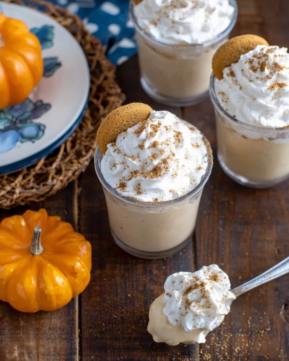 The image shows a top view of three clear glasses filled with a light brown creamy dessert topped with thick white whipped cream swirled in peaks, sprinkled with small brown crumbs. One glass has a round biscuit partially dipped in the whipped cream, resting on top. Nearby, a spoon holds a scoop of light brown creamy dessert with whipped cream on top. A small orange pumpkin with green stem is placed to the upper left on a wooden table. The background is a white marbled texture. Photo taken with an iphone --ar 4:5 --v 7