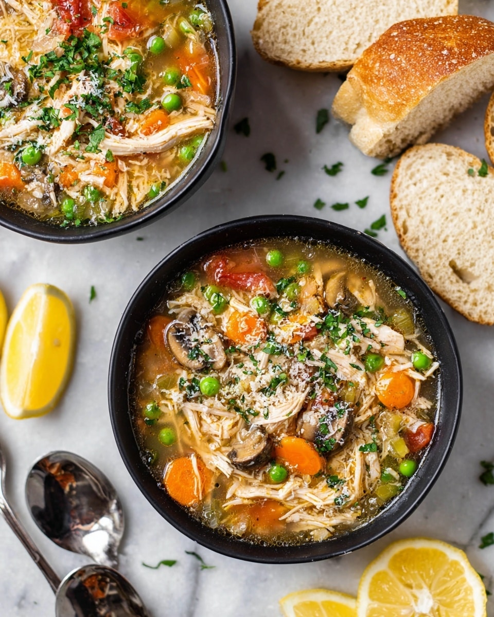 The image shows a close-up of a clear soup filled with many ingredients. The soup has a golden broth as the base layer. Mixed inside are bright orange carrot slices, bright green peas, and green bean pieces. There are white shredded pieces of chicken spread throughout. Red tomato chunks and small pieces of white potato float in the soup. A silver ladle is partially submerged, holding some potato, chicken, carrot, green beans, and peas. The background is a white marbled texture. photo taken with an iphone --ar 4:5 --v 7
