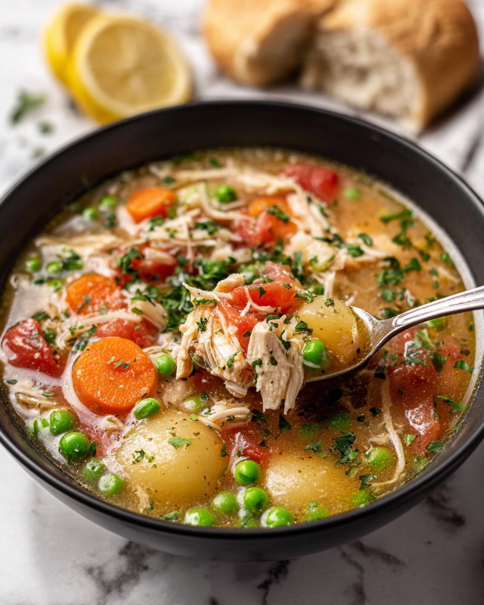 The image shows two bowls of soup with shredded chicken, green peas, sliced carrots, green beans, and diced red tomatoes in a clear broth, topped with grated cheese and chopped fresh parsley scattered on top. The bowls are black and placed on a white marbled surface with lemon wedges and some parsley scattered around. Two slices of light brown bread rest next to one of the bowls. Four shiny metal spoons are arranged together near the bottom right of the image. The lighting is bright and natural, highlighting the colorful ingredients in the soup. Photo taken with an iphone --ar 4:5 --v 7