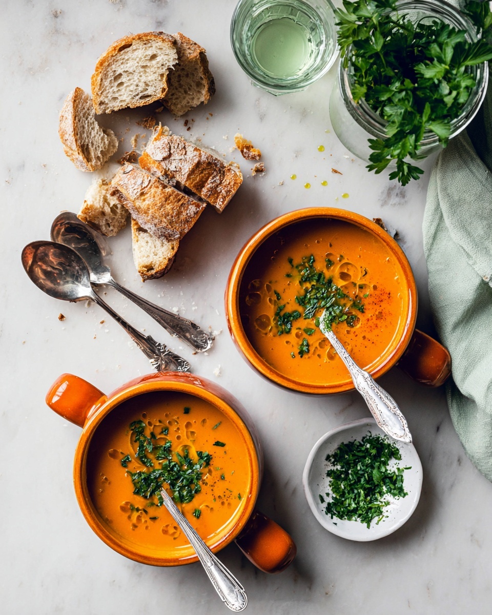 Two orange soup bowls with handles hold bright orange creamy soup, each topped with green chopped herbs and small drops of oil. One bowl has two pieces of torn crusty bread resting inside, with more torn bread pieces placed nearby on a white marbled surface. Above the bowls, a white bowl filled with finely chopped green herbs and a silver spoon sticking out sits next to a bunch of fresh green herbs. A green glass of water with ice and a gray napkin sit on the left side, and two silver spoons lie near the bottom of the image. The whole scene is bright and fresh, photo taken with an iphone --ar 4:5 --v 7