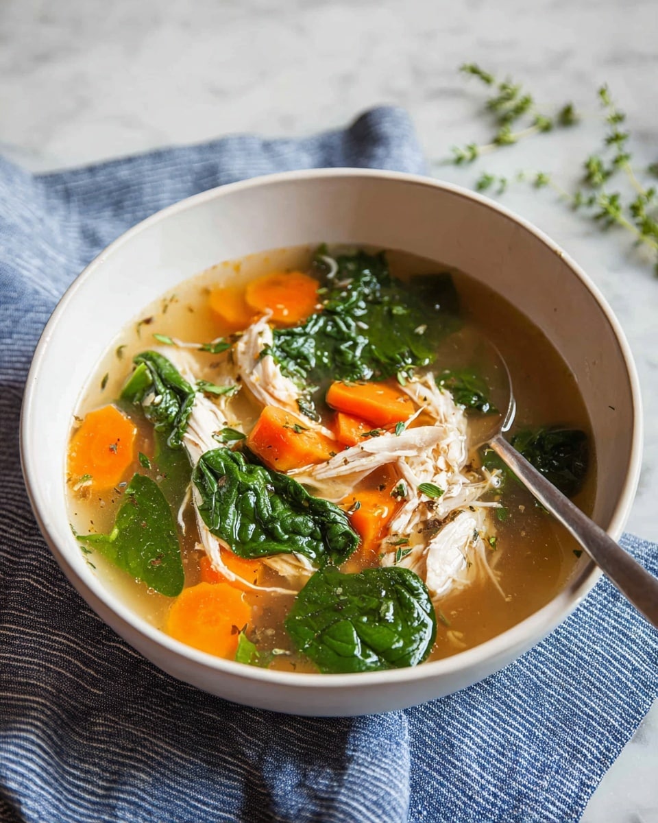 A white bowl filled with clear broth soup, showing three main layers: bright orange carrot chunks scattered across the surface, light shredded chicken pieces in the center, and fresh green spinach leaves placed evenly on top, all sprinkled with small black pepper bits and fresh green herb sprigs. A silver spoon stands upright inside the bowl on the right side. The bowl sits on a blue striped cloth, all on a white marbled surface. Photo taken with an iphone --ar 4:5 --v 7