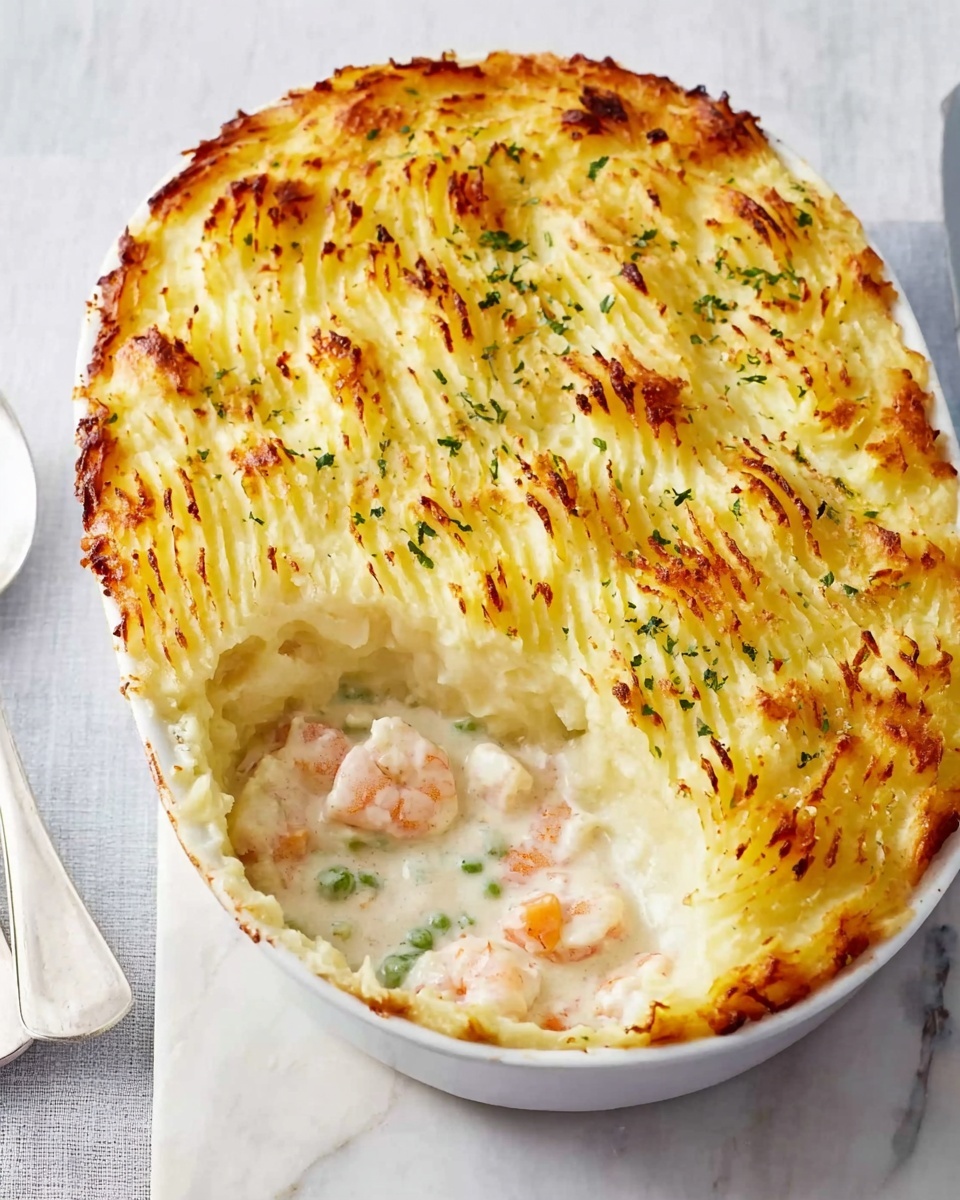 This image shows a white oval dish filled with a baked layered meal. The top layer is mashed potatoes, browned and textured with fork marks creating a wave pattern. A section in the top right corner is scooped out, revealing a creamy white sauce underneath with pieces of light beige and pink seafood. The dish is placed on a white marbled surface with a light-colored cloth underneath. A white spoon with some creamy sauce and herbs on it lies close to the dish. photo taken with an iphone --ar 4:5 --v 7