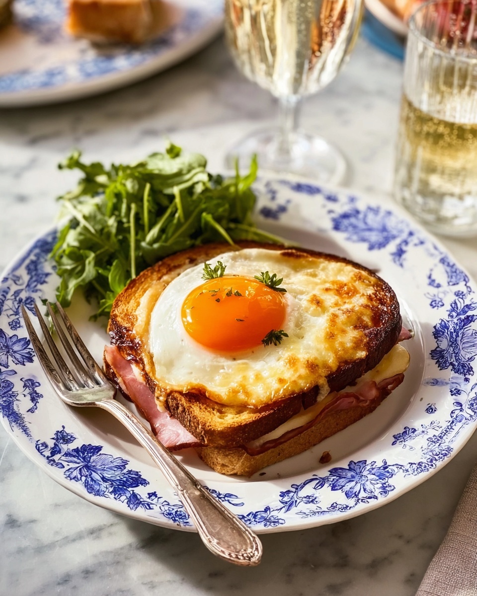 A white plate with blue floral patterns holds a toasted sandwich made of three visible layers: the bottom slice of golden brown toasted bread, a middle layer of melted yellow cheese over pinkish ham, and a top layer of another piece of toasted bread covered with a shiny, perfectly cooked sunny-side-up egg with a bright orange yolk. On the side of the sandwich, there is a small bunch of fresh green leafy salad that adds a vibrant touch. A silver fork lies to the left of the sandwich, and in the background, a glass of light sparkling drink is partially visible. The setting is on a white marbled texture surface. Photo taken with an iphone --ar 4:5 --v 7