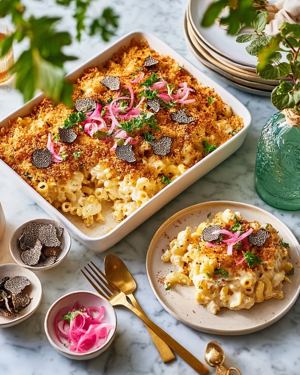 A bubbly golden baked macaroni and cheese casserole in a rectangular white dish, topped with crunchy browned breadcrumbs, thin slices of black truffle, pink pickled onion rings, and fresh green herb leaves scattered on top, with a portion scooped out to show creamy, white sauce-coated macaroni inside. Next to it, a round white plate holds a serving of the macaroni and cheese topped with the same pink pickled onions and green herbs. The dishes are set on a white marbled surface with soft natural light enhancing the warm colors, with small plates holding truffle slices and pink onions nearby. Photo taken with an iphone --ar 4:5 --v 7