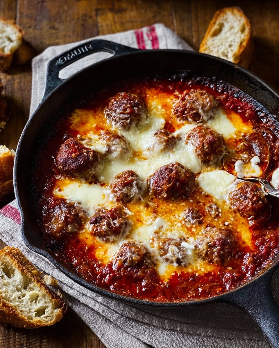A black cast iron pan filled with baked meatballs covered in melted, bubbly white and slightly browned cheese sitting on top of a thick, bright red tomato sauce. The meatballs are browned with some slightly darkened spots and are scattered across the pan with layers of cheese and sauce visible between them. Around the pan, there are pieces of rustic, torn bread on a cloth with a striped pattern, all placed on a white marbled surface. photo taken with an iphone --ar 4:5 --v 7