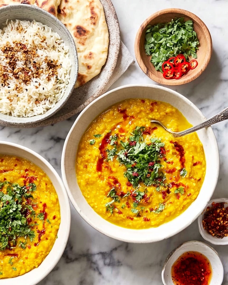 The image shows two white bowls filled with thick yellow lentil dal that has a smooth texture and is topped with bright red chili oil drizzle and green chopped cilantro scattered on top. One bowl is placed near the center-left with a spoon resting inside, and the other bowl is at the bottom center. To the left of the bowls is a white plate with a layer of cooked white rice with some cumin seeds mixed in, partially covering pieces of grilled flatbread beneath it. To the right side of the image, there is a small white bowl with red chili oil and a wooden bowl holding thin strips of red chili and chopped green herbs on a white marbled surface. photo taken with an iphone --ar 4:5 --v 7