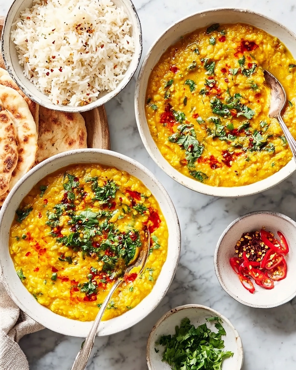 The image shows two white bowls filled with a thick, yellowish lentil dish topped with chopped green herbs and a drizzle of red oil or sauce, giving it a textured and colorful appearance. One of the bowls has a spoon resting inside. Around the bowls, there is a white bowl with cooked rice mixed with dark spices, a small white bowl with a spicy red sauce, a wooden bowl containing chopped green herbs and sliced red chili peppers, and some pieces of flatbread resting on a white marbled surface. The whole scene is brightly lit and arranged neatly. photo taken with an iphone --ar 4:5 --v 7