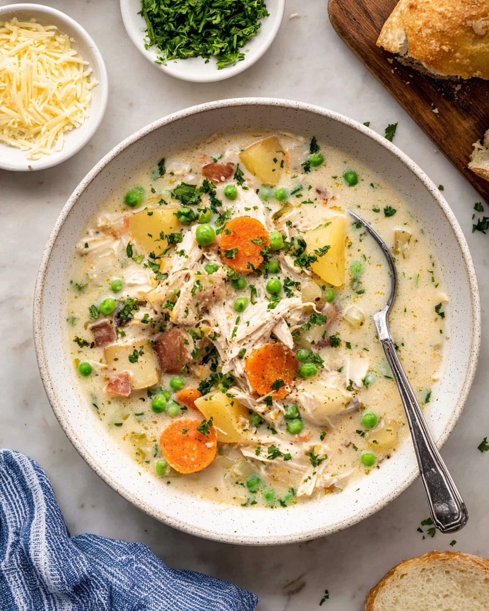 The image shows a white slow cooker filled with a creamy chicken stew. The stew has several layers visible: chunks of white shredded chicken at the bottom mixed with small orange carrot slices, bright green peas, and pieces of off-white potato with red skin. The creamy broth is light beige and thick, covering all ingredients evenly. A silver spoon lifts a portion of the stew, showing a mix of chicken, potato cubes, carrot slices, and peas close up. The slow cooker sits on a white marbled surface with a hint of green leaves blurred in the background. Photo taken with an iphone --ar 4:5 --v 7