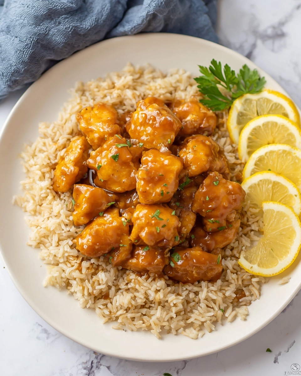 A white plate with a round base shows a bed of light brown cooked rice forming the bottom layer with visible individual grains. On top, there are golden brown pieces of chicken coated in a shiny, thick orange-brown sauce that looks sticky and rich. The chicken pieces cover the middle of the rice, with some sauce slightly dripping onto the rice around. On the upper right side of the plate, two thin lemon slices with a bright yellow peel and pale yellow flesh rest against the rice, accompanied by a sprig of green parsley. The whole dish is placed on a white marbled surface with a folded blue-gray cloth in the top left corner in the background. The photo taken with an iphone --ar 4:5 --v 7