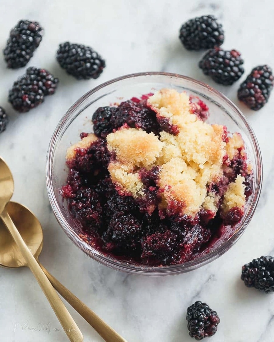 A clear glass bowl holds a blackberry cobbler with two visible layers: the bottom layer is dark purple juicy blackberries, and the top layer is a golden-brown soft cake with a lightly crumbly texture. The blackberries are whole and some are slightly crushed, mixing their juice with the cake. Around the bowl, fresh blackberries are scattered on a white marbled surface. Two gold spoons lie beside the bowl on the surface. Photo taken with an iphone --ar 4:5 --v 7