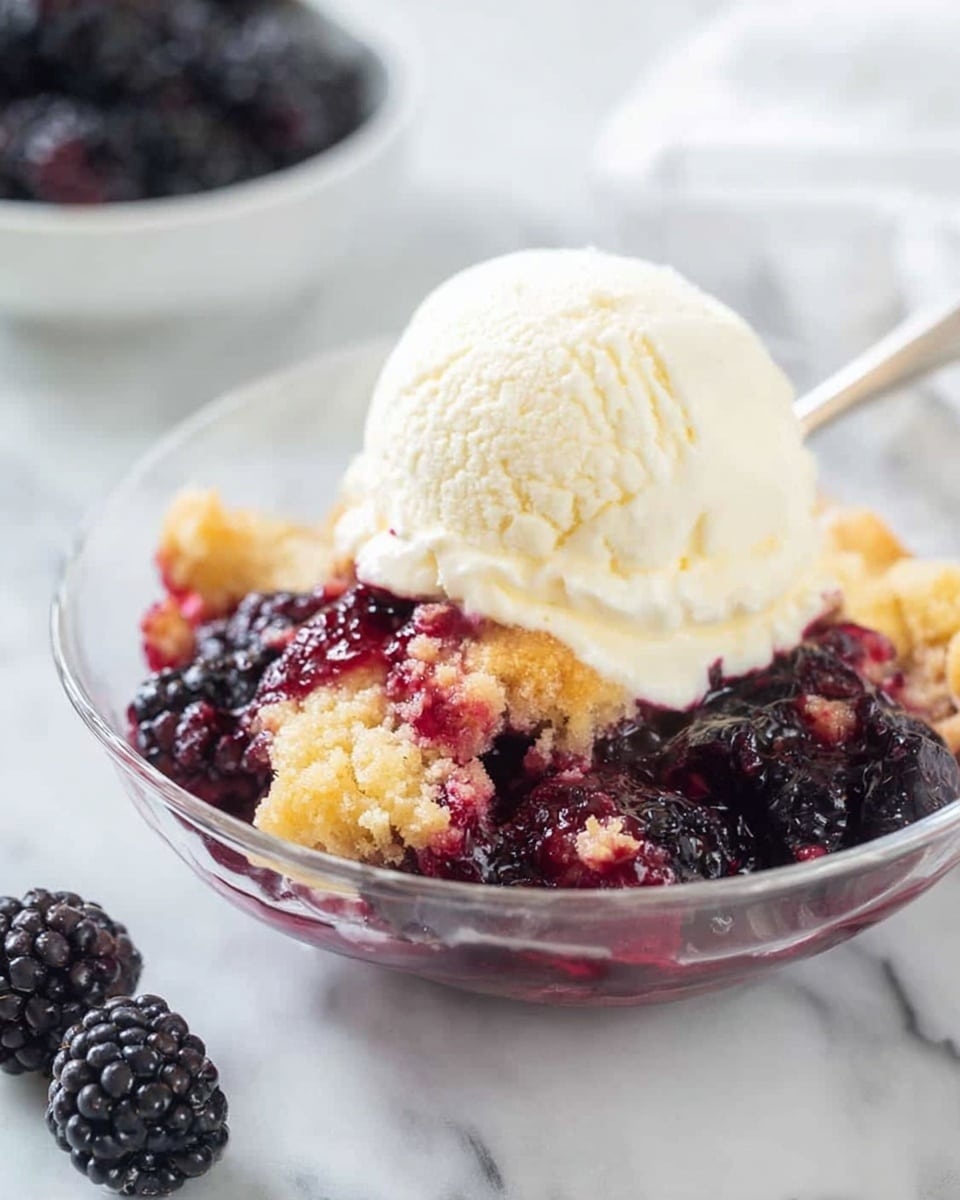A clear white bowl holds a serving of blackberry cobbler with visible juicy blackberry pieces and soft golden crust pieces on the bottom layer. On top of the cobbler is a large scoop of creamy, white vanilla ice cream. A few fresh blackberries sit near the base of the bowl. The bowl is placed on a white marbled surface, with another bowl of blackberries blurred in the background. photo taken with an iphone --ar 4:5 --v 7