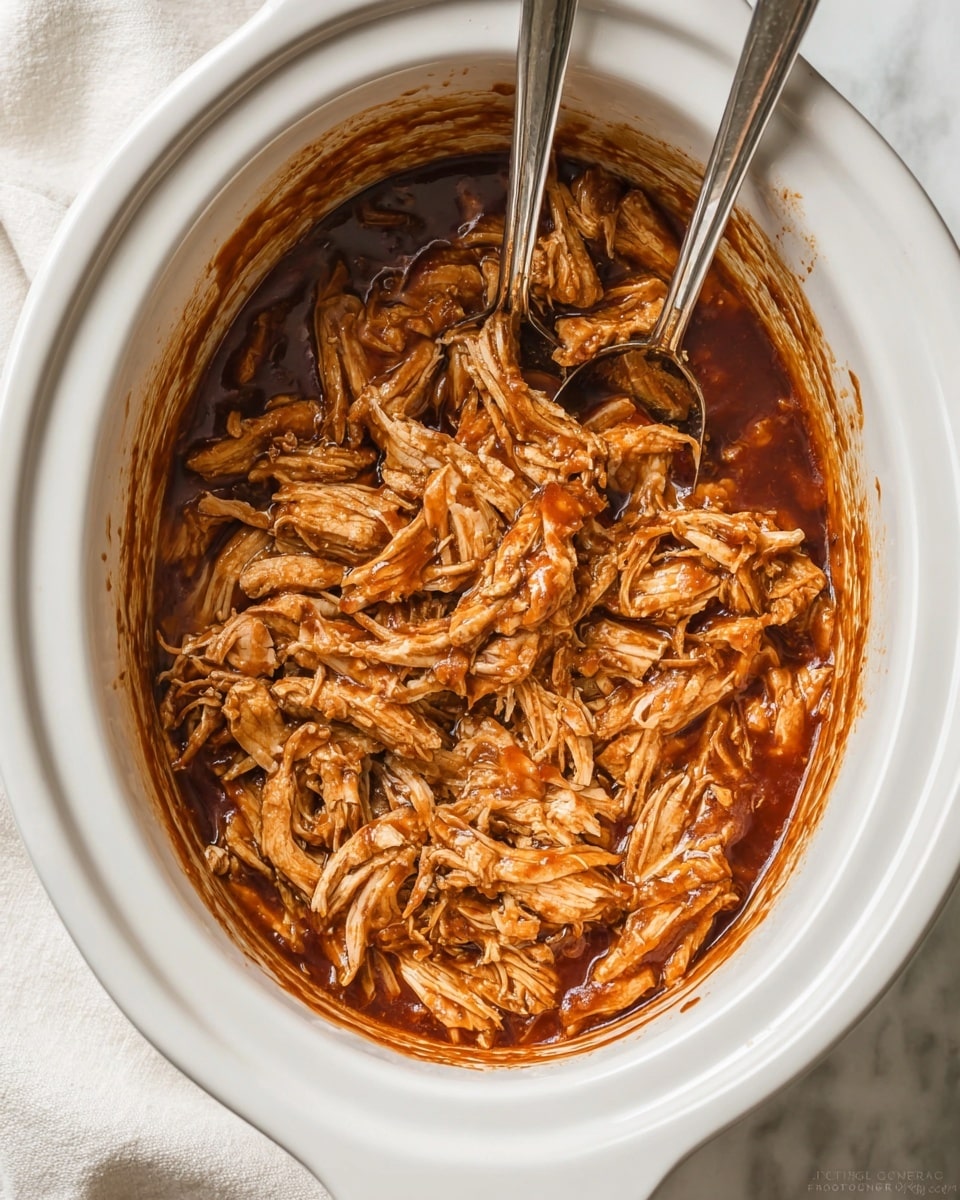 The image shows a white slow cooker filled with shredded pieces of light brown cooked chicken covered in a thick, dark reddish-brown sauce. Two metal forks are sticking into the chicken, mixing or shredding it. The inside edges of the cooker have some sauce smeared on them, and the cooker sits on a white marbled surface with a light cloth partially visible to the side. photo taken with an iphone --ar 4:5 --v 7