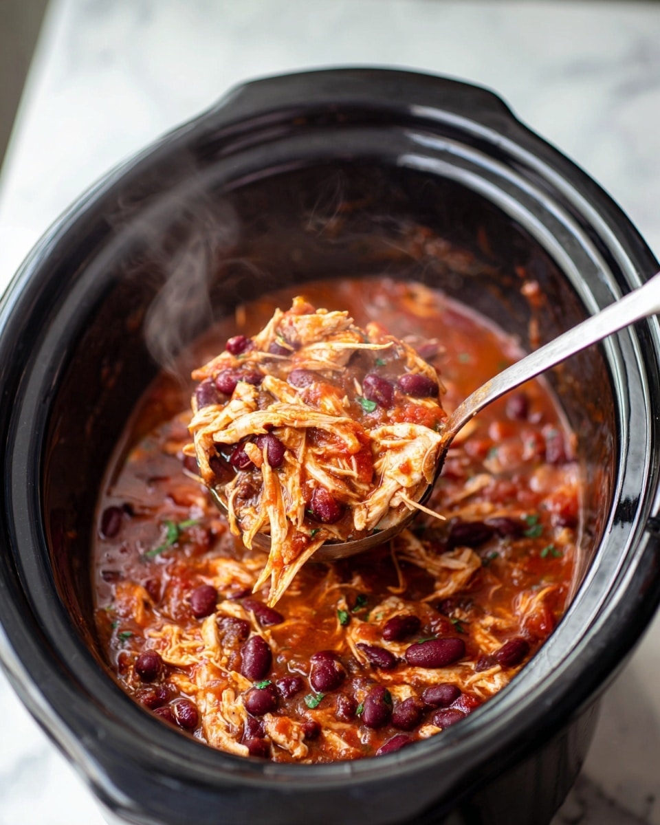 The image shows a close-up of a black slow cooker filled with a chunky, warm stew made of shredded light beige chicken mixed with dark red kidney beans and a thick, reddish-orange tomato sauce with bits of green herbs visible. A large silver ladle lifts a portion of the stew, showing the texture of the tender chicken strands, whole kidney beans, and the thick, slightly glossy sauce. The slow cooker sits on a white marbled surface, and steam rises gently from the stew, suggesting it is hot and ready to eat. photo taken with an iphone --ar 4:5 --v 7
