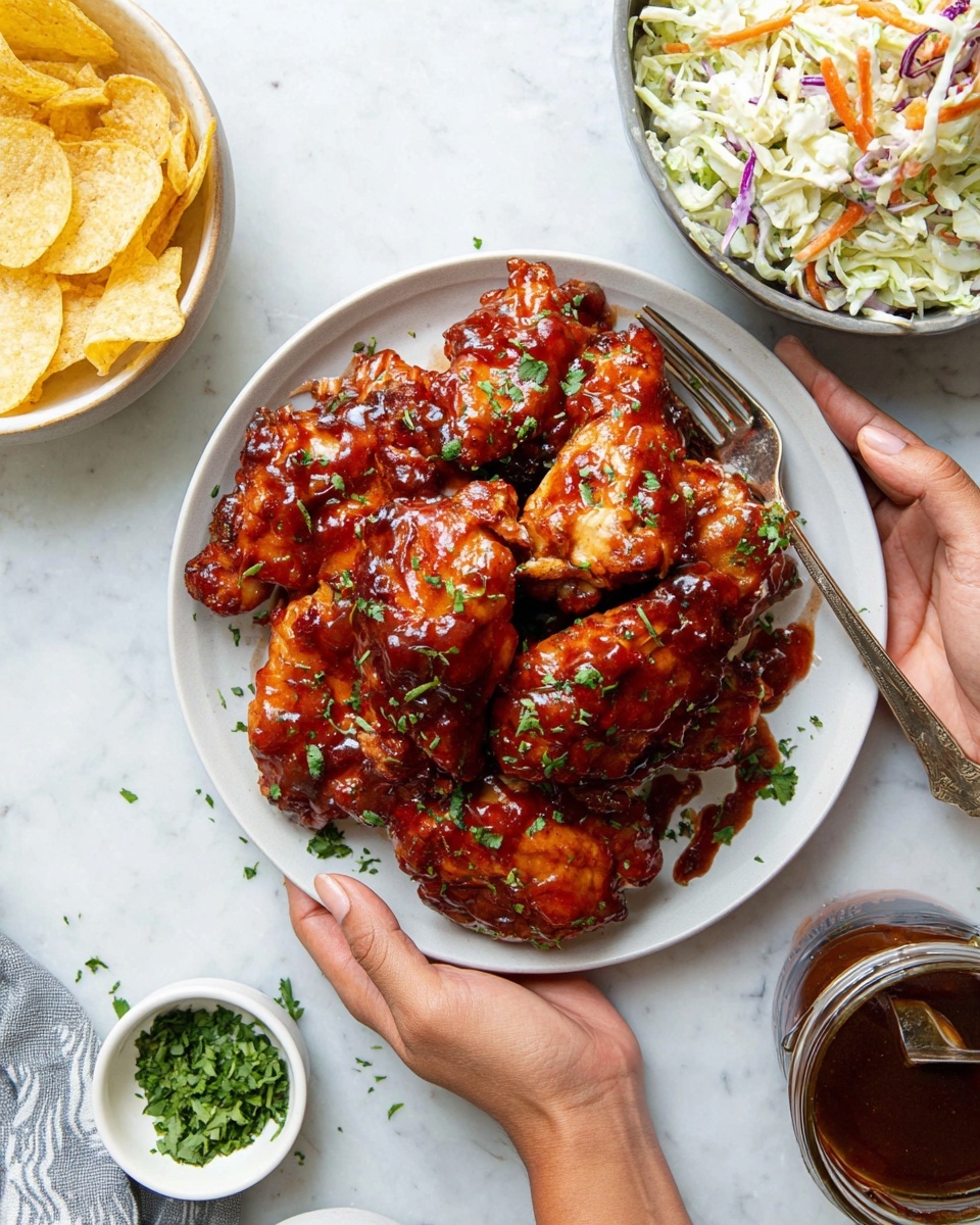 A white plate is full of shiny, glazed chicken pieces stacked in layers, each piece a rich reddish-brown color with a sticky and smooth texture, sprinkled with small bright green parsley leaves on top. The plate is held by two woman’s hands, one on each side, with a fork resting inside the plate among the chicken. The background is a white marbled texture with a bowl of coleslaw containing shredded white and purple cabbage, and orange carrot slivers near the top right. There is a small white bowl of light yellow potato chips on the bottom left and a small bowl of green herbs below the plate. A jar with dark brown sauce and a spoon inside is near the plate's right side. Photo taken with an iphone --ar 4:5 --v 7