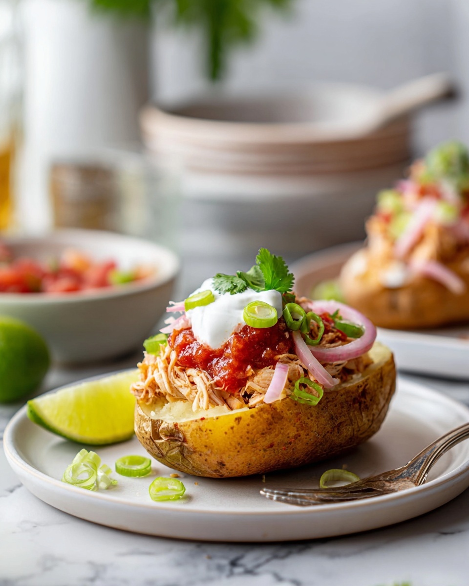 A twice-baked potato is cut in half on a white plate, showing the soft light yellow inside with shredded cooked chicken piled on top. The chicken is topped with a layer of chunky red salsa, followed by a dollop of white sour cream, thin pickled pink onions, and thinly sliced green onions scattered around. A green cilantro sprig sits on top of the potato stack, and a small lime wedge is tucked behind the potato on the plate. The background shows a blurred white marbled surface with a few bowls and a glass, adding depth. A silver fork rests beside the potato on the plate. Photo taken with an iphone --ar 4:5 --v 7