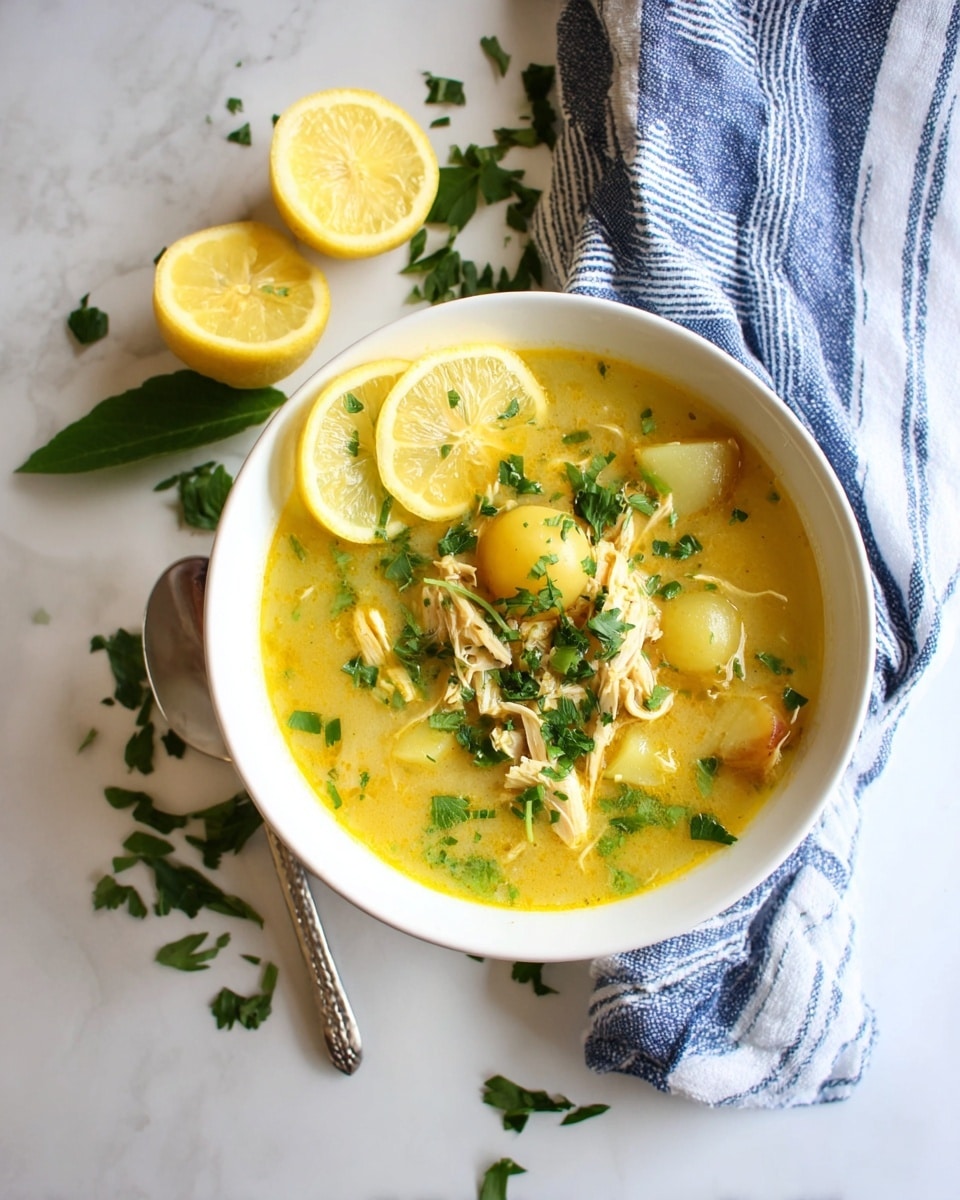 A white bowl filled with a yellow soup inside, containing shredded chicken, small whole potatoes, and chopped green herbs on top. On the left side of the bowl, there are three lemon slices and a green herb leaf for garnish. The bowl sits on a white marbled surface with a blue and white striped cloth behind it, scattered with green herb leaves. There is also a silver spoon placed on the left side near the bowl. Photo taken with an iphone --ar 4:5 --v 7