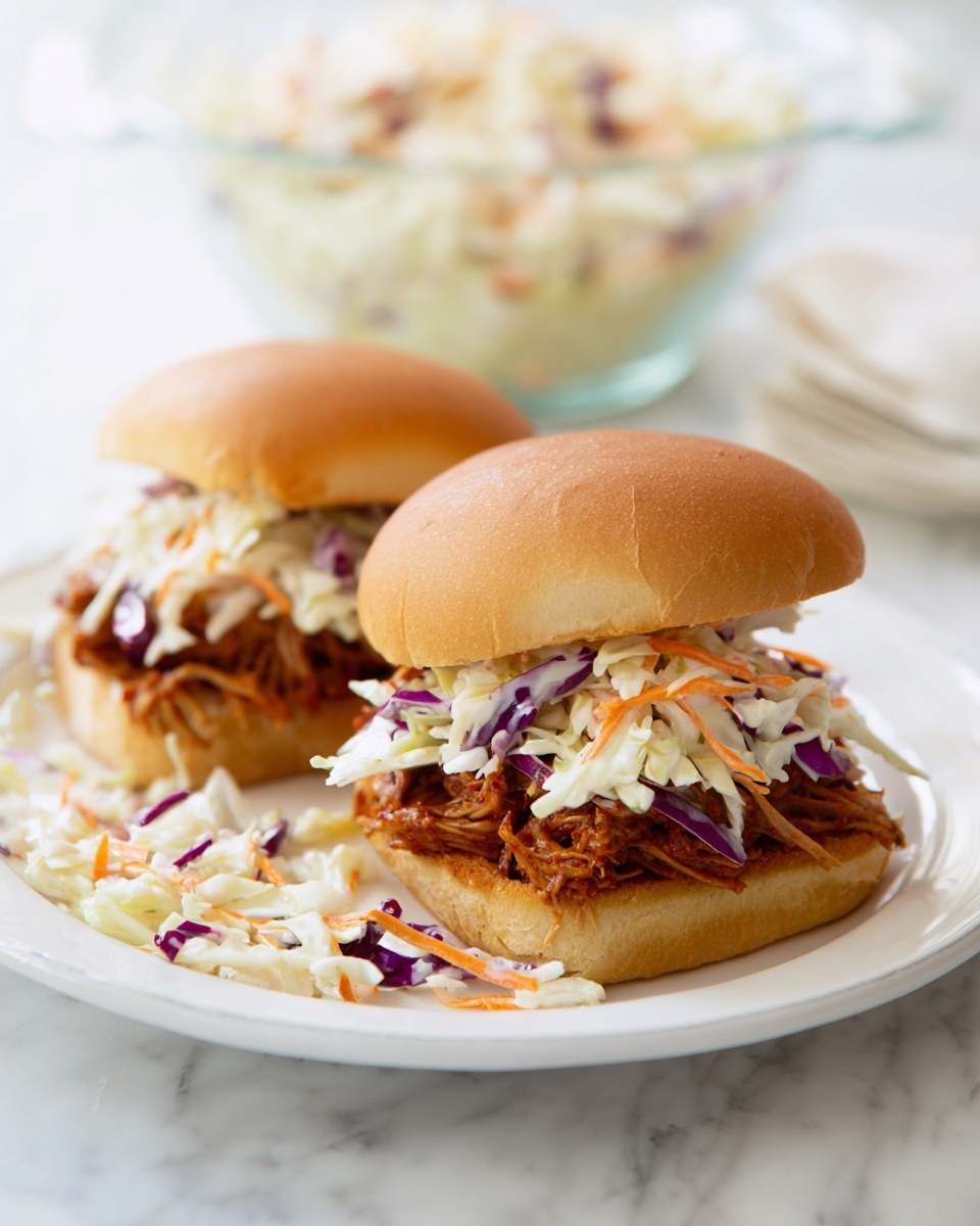 Two sandwiches sit on a white plate with some shredded coleslaw scattered around them. Each sandwich has a soft golden brown bun on top and bottom. Inside, the first layer is a pile of tender, shredded meat with a reddish-brown color. On top of the meat, there is a layer of creamy coleslaw made of white and purple cabbage and thin orange carrot slices. In the background, there is a clear glass bowl with more coleslaw. The whole scene is set on a white marbled surface. photo taken with an iphone --ar 4:5 --v 7