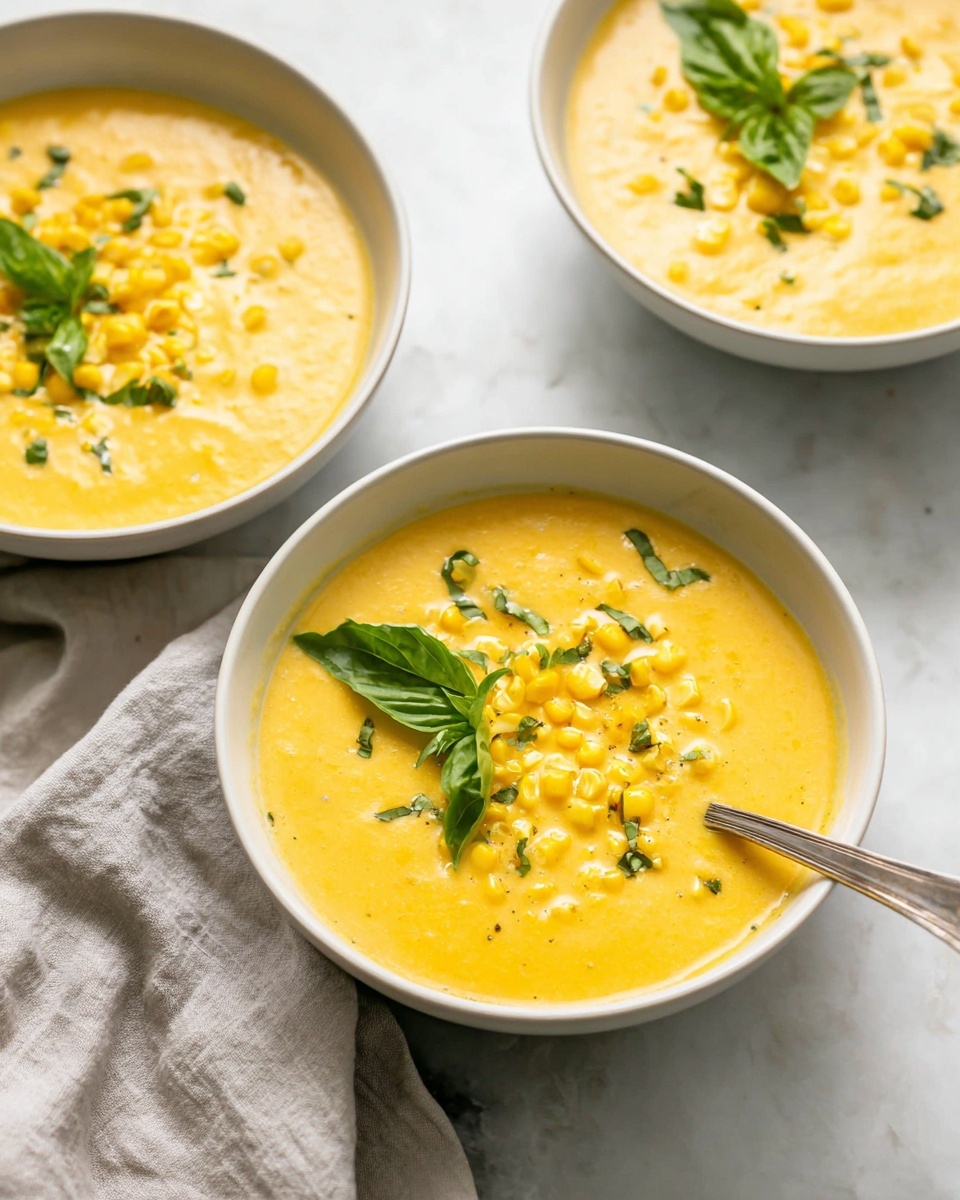 The image shows three white bowls filled with smooth, thick yellow corn soup with bits of corn kernels on top. Each bowl has green herb leaves and tiny green chives sprinkled over the soup. One bowl in the front center has a silver spoon scooping some of the soup, showing its creamy texture. The bowls are placed on a white marbled surface with a gray cloth near the front bowl and some green herb leaves scattered around for decoration. The lighting is soft and natural, highlighting the warm color of the soup. Photo taken with an iphone --ar 4:5 --v 7