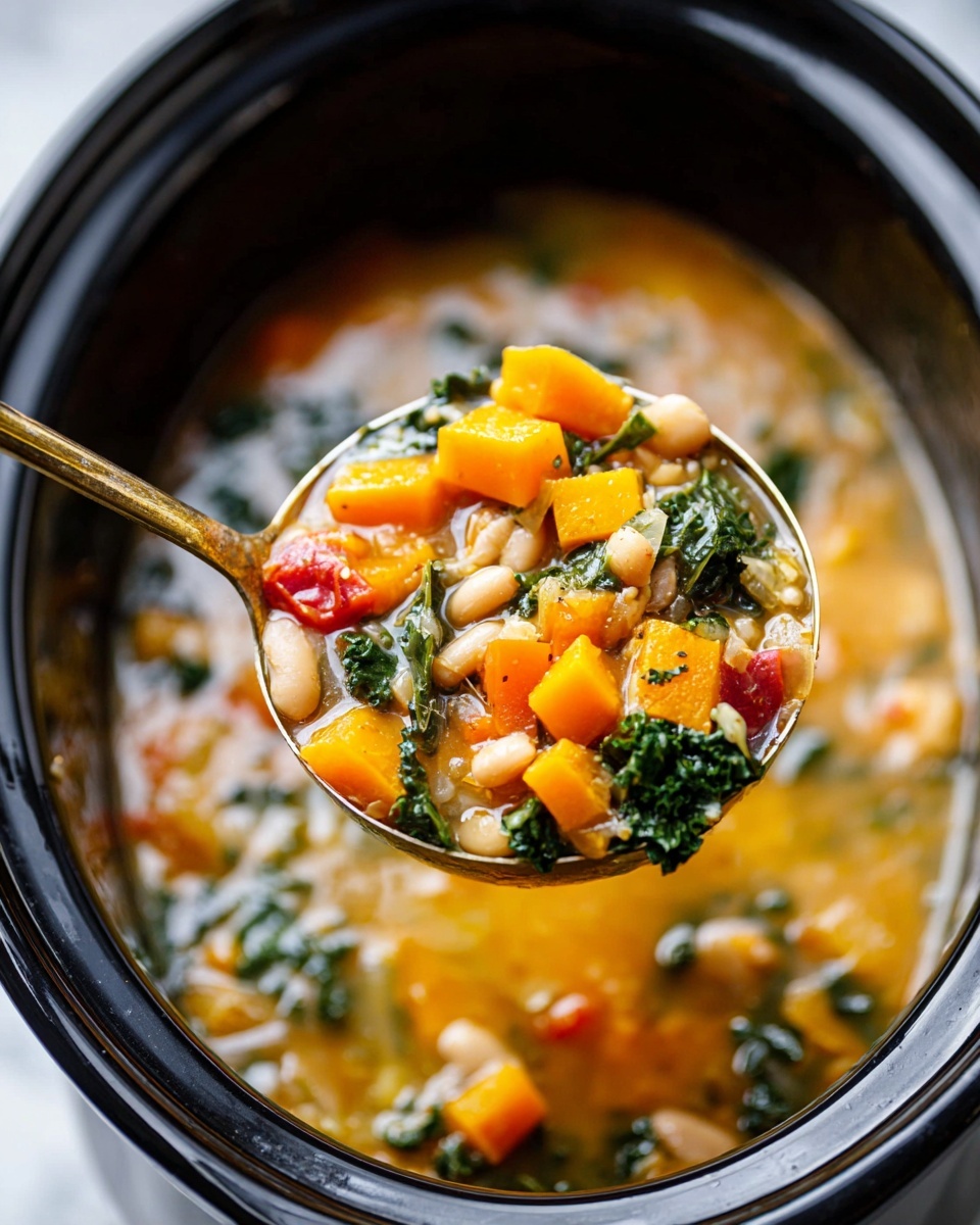 A close-up image shows a ladle lifting a colorful soup from a black slow cooker. The soup has visible layers of chunky orange pieces of squash, light beige beans, deep green leafy kale, small grains of white rice, and bright red bits of tomato all mixed in a clear, slightly golden broth. The ladle is shiny metal with a long handle, and the slow cooker rim is round and smooth, sitting on a white marbled surface. In the background, the slow cooker is filled with more of the vibrant vegetable and bean soup. Photo taken with an iphone --ar 4:5 --v 7