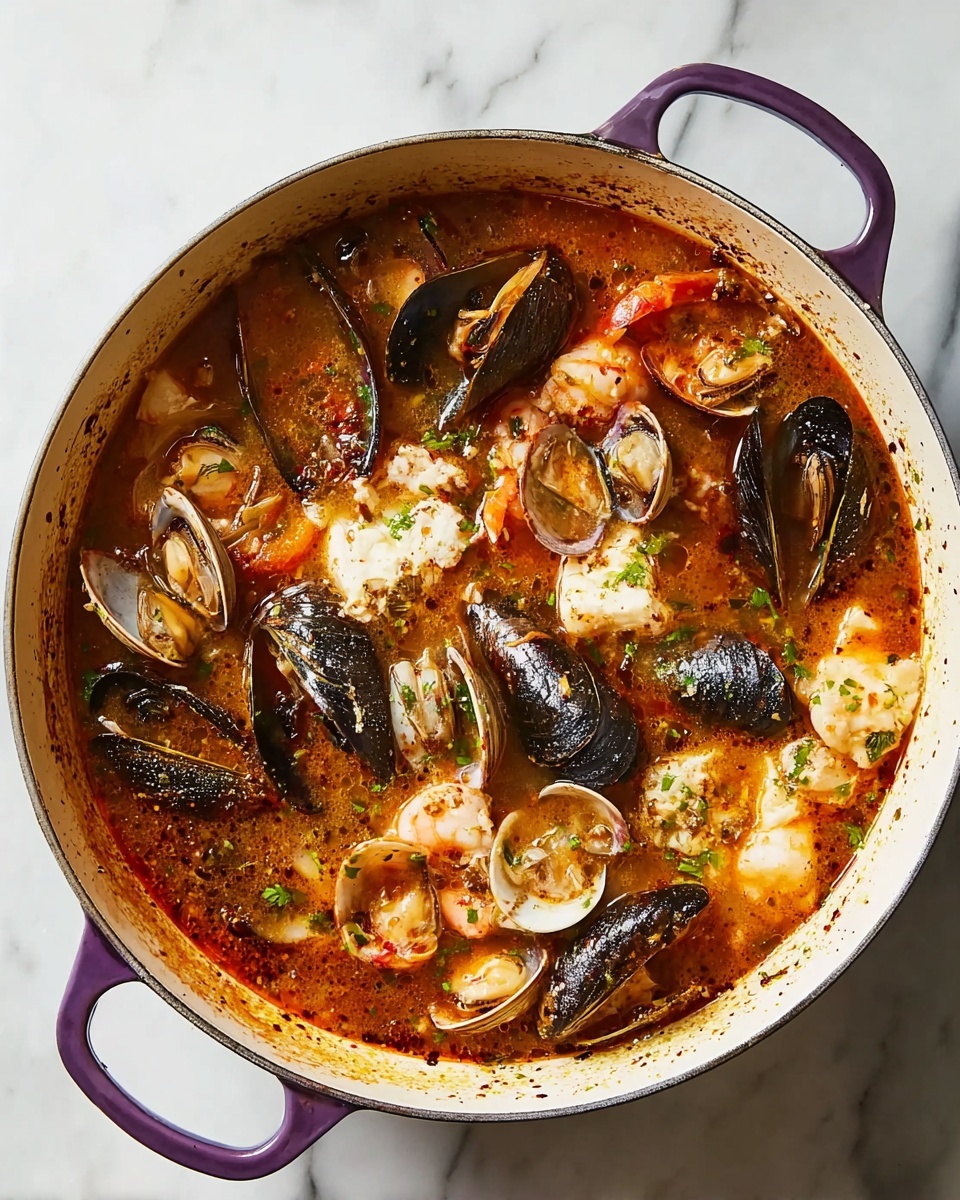 A large white pot with purple handles filled with a rich, reddish-orange broth that has visible herbs and spices. The soup contains several layers of seafood including black mussels with shiny shells, clams with beige and gray striped shells, white scallops with a smooth texture, and light pink shrimp curled throughout. The broth bubbles gently around the seafood pieces, and there is a woman’s hand holding a white ladle partially visible on the edge, ready to serve. The background is a white marbled surface. photo taken with an iphone --ar 4:5 --v 7