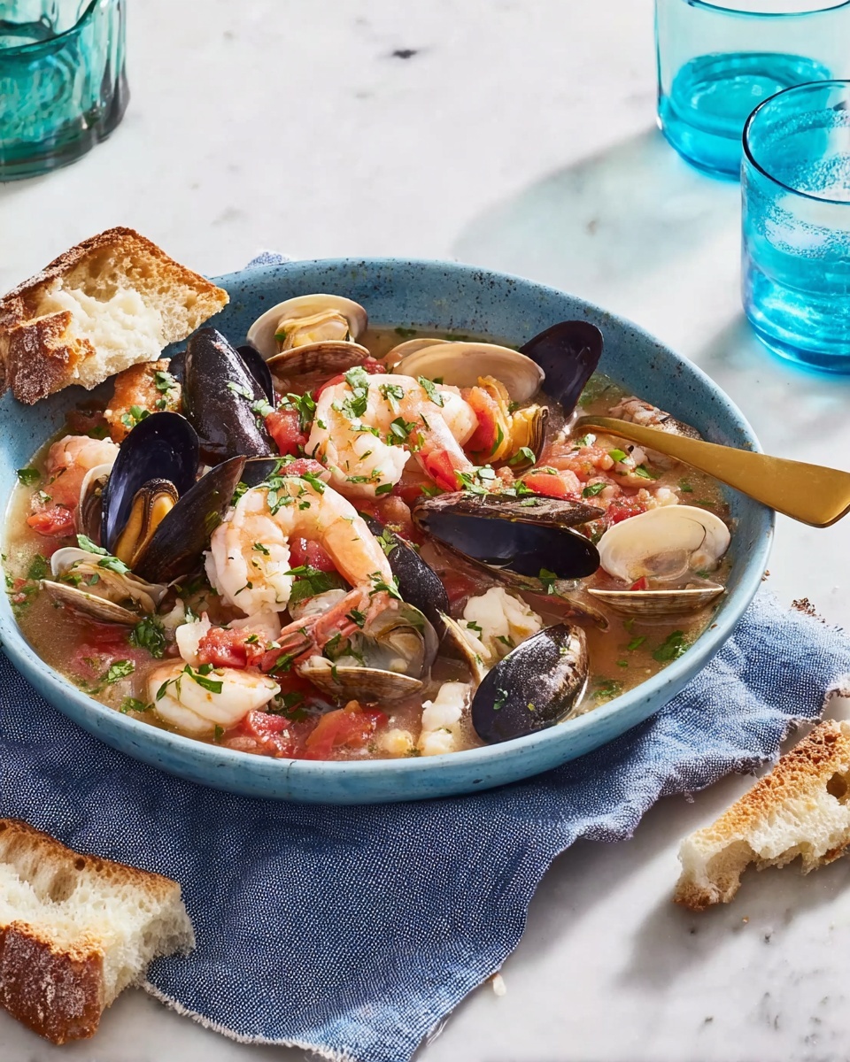 A deep white bowl filled with a seafood stew showing multiple layers: the bottom layer is a light, clear broth with bits of red tomatoes and herbs floating around; above that, there are several black mussels with shiny shells open, light brown clams, and large pink shrimp with tails still on. There are also pieces of white fish and chopped green herbs sprinkled on top. The bowl sits on a folded blue cloth on a white marbled surface, with a golden spoon resting inside the bowl. Around the bowl, there are small pieces of torn bread and transparent glasses with light blue and green tints in the background. Photo taken with an iphone --ar 4:5 --v 7