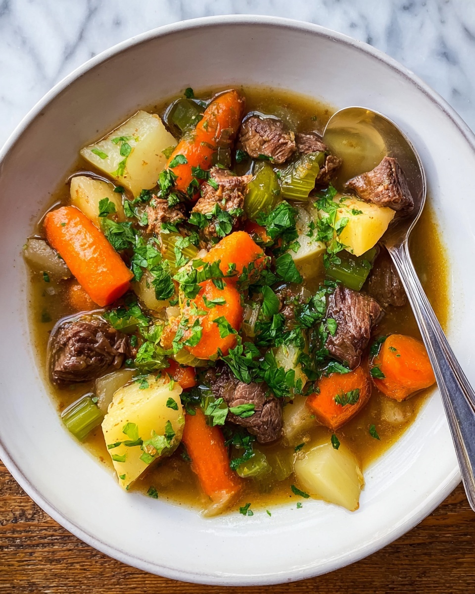 A white bowl filled with a thick stew showing multiple layers: at the bottom is a clear light brown broth, above it large orange carrot chunks, small off-white potato pieces, and pale green celery slices mixed with dark brown beef chunks; all topped with bright green chopped parsley. A silver spoon rests on the edge of the bowl. The bowl sits on a white marbled surface. photo taken with an iphone --ar 4:5 --v 7