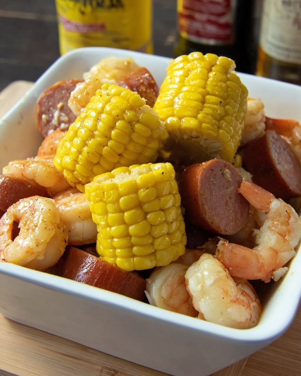 The image shows a white bowl filled with a colorful seafood and vegetable boil. Inside the bowl, there are bright yellow corn pieces cut into smaller chunks evenly spread across the top and bottom layers. Mixed among the corn are medium-sized shrimp with a light orange color and a slightly shiny texture. There are also several dark brown sausage pieces sliced thickly, positioned throughout the bowl creating a rich contrast with the corn and shrimp. The bowl sits on a white marbled surface, with some bottles and containers slightly blurred in the background. photo taken with an iphone --ar 4:5 --v 7