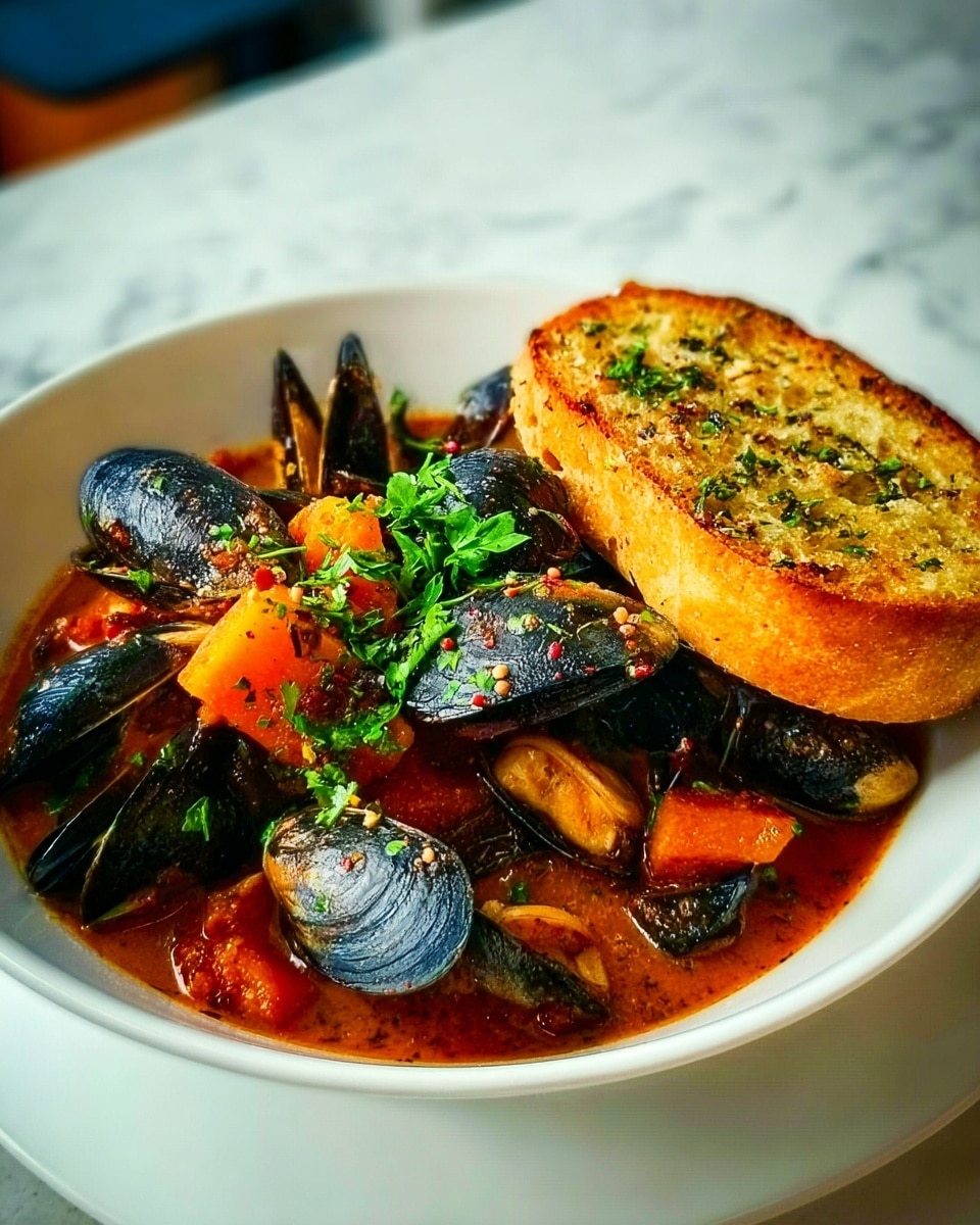 A white bowl filled with a rich orange-red seafood stew, showing several dark mussels partly open, surrounded by chunks of soft orange vegetables, and small green herb leaves sprinkled on top. Lean bread with visible herbs and small pieces of red pepper rests upright on the side of the bowl, slightly soaking in the stew. The bowl is placed on a white marbled surface. Photo taken with an iphone --ar 4:5 --v 7
